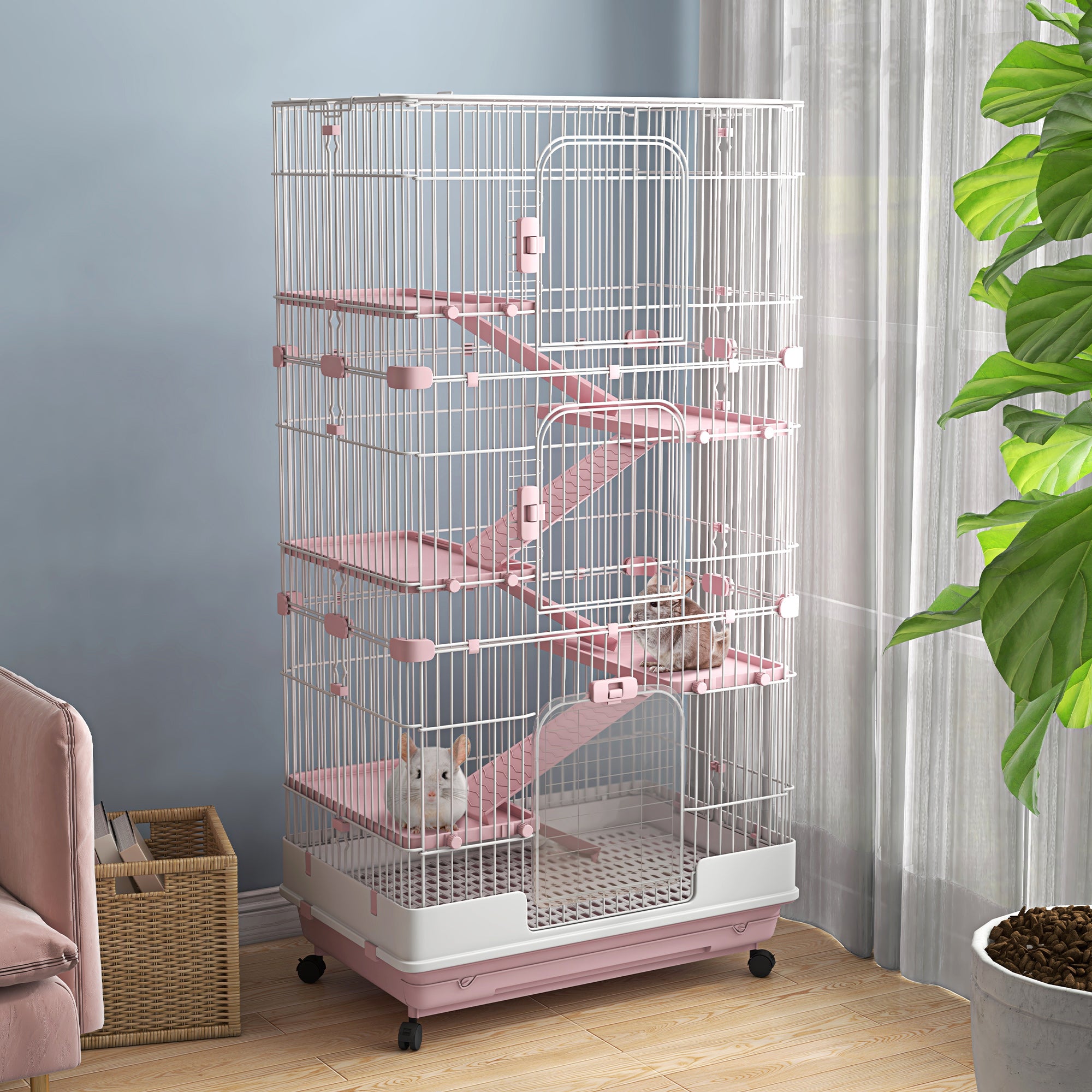 PawHut 63"H 6-Level Small Animal Cage Rabbit Hutch with Universal Lockable Wheels, Slide-out Tray for Bunny, Chinchillas, Ferret, Pink