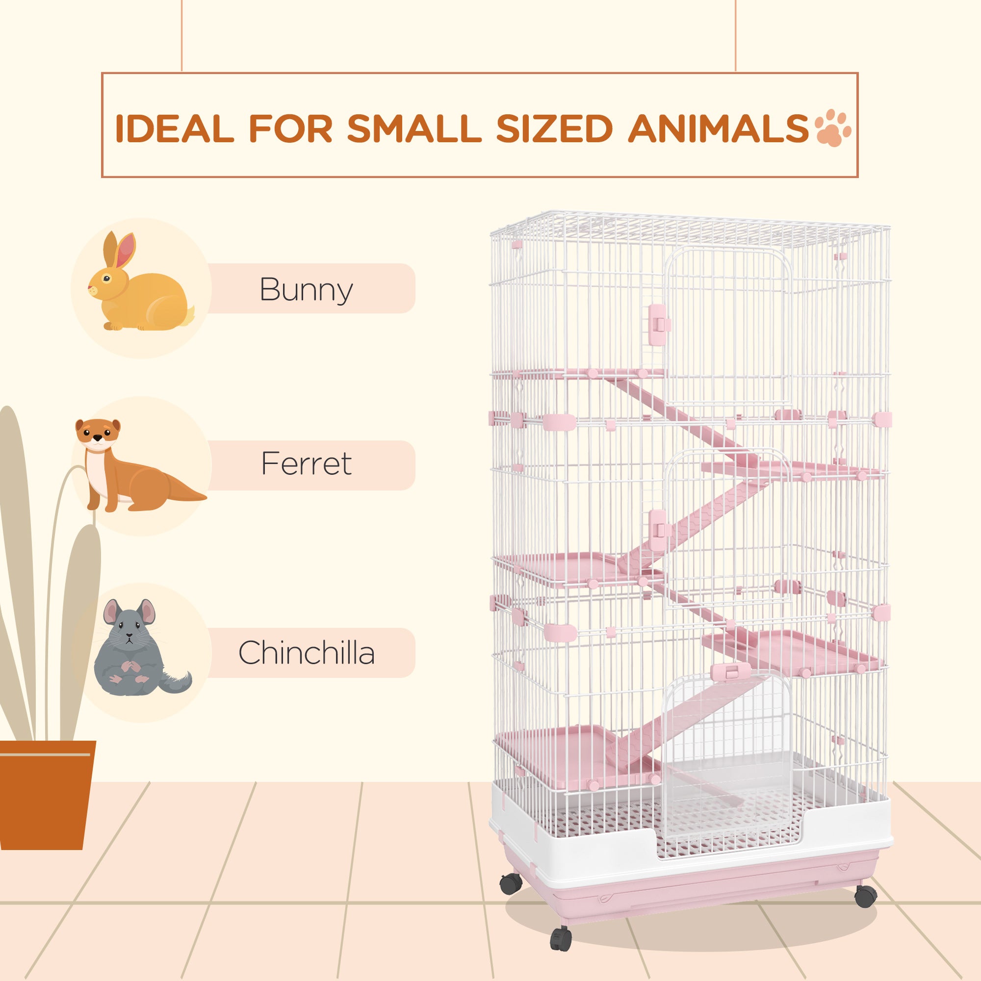 PawHut 63"H 6-Level Small Animal Cage Rabbit Hutch with Universal Lockable Wheels, Slide-out Tray for Bunny, Chinchillas, Ferret, Pink