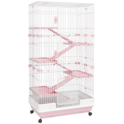 PawHut 63"H 6-Level Small Animal Cage Rabbit Hutch with Universal Lockable Wheels, Slide-out Tray for Bunny, Chinchillas, Ferret, Pink