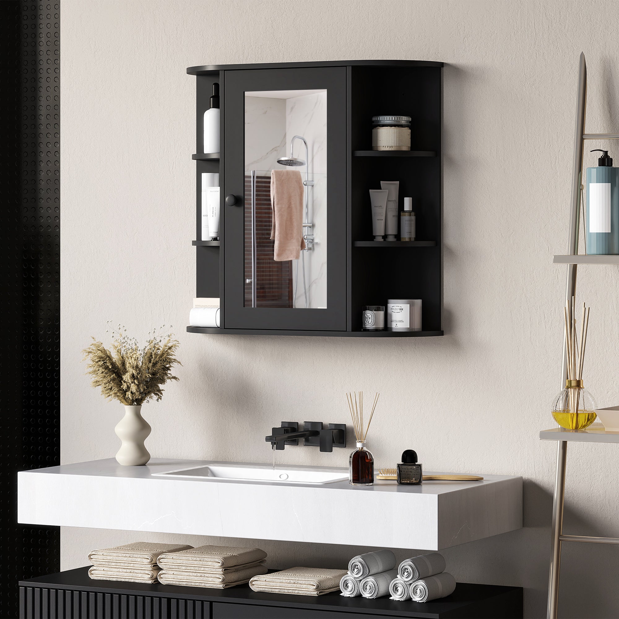 HOMCOM Bathroom Medicine Cabinet with Mirror, Wall Mounted Storage Cabinet with Mirrored Door & Shelves, Mirror Cabinet for Bathroom Living Room, Black