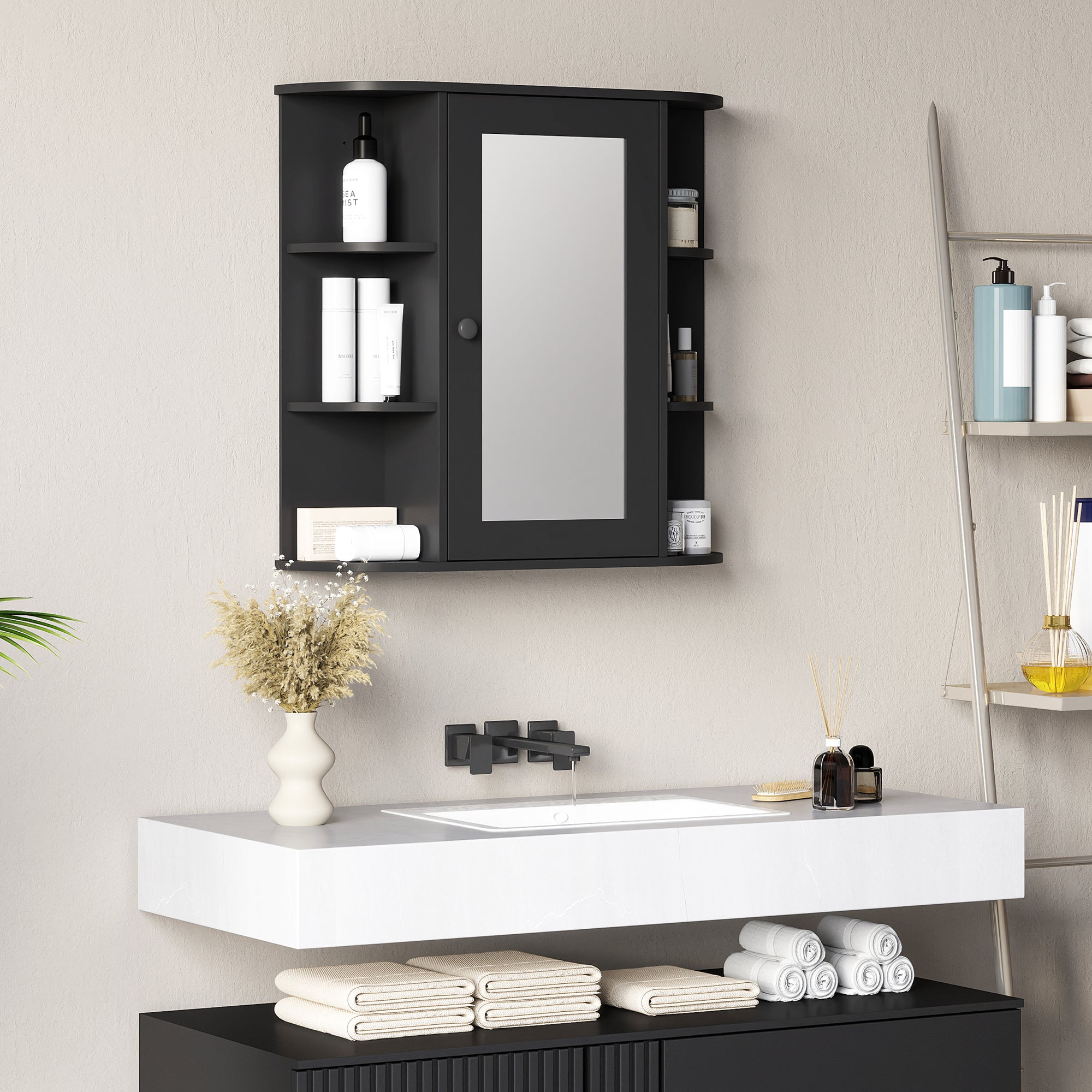 HOMCOM Bathroom Medicine Cabinet with Mirror, Wall Mounted Storage Cabinet with Mirrored Door & Shelves, Mirror Cabinet for Bathroom Living Room, Black