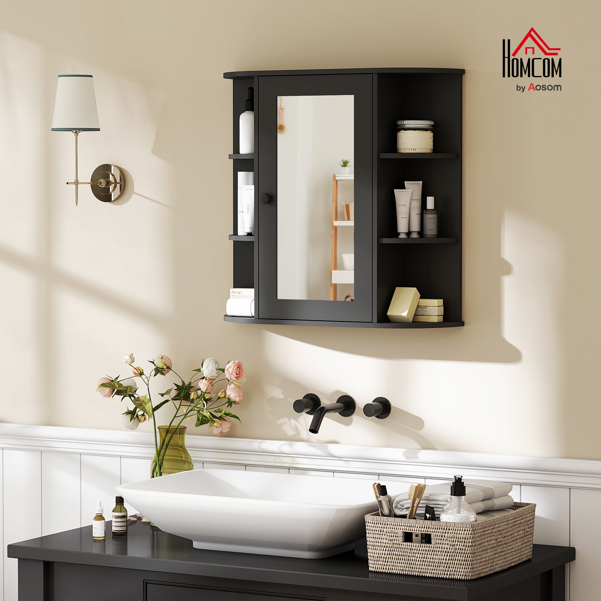 HOMCOM Bathroom Medicine Cabinet with Mirror, Wall Mounted Storage Cabinet with Mirrored Door & Shelves, Mirror Cabinet for Bathroom Living Room, Black