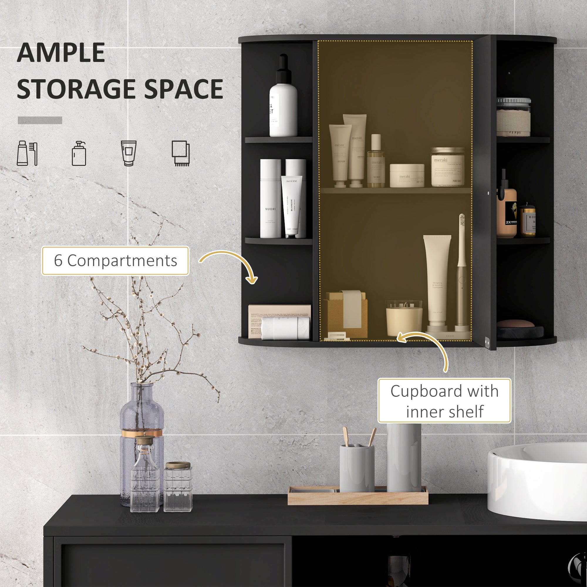 HOMCOM Bathroom Medicine Cabinet with Mirror, Wall Mounted Storage Cabinet with Mirrored Door & Shelves, Mirror Cabinet for Bathroom Living Room, Black