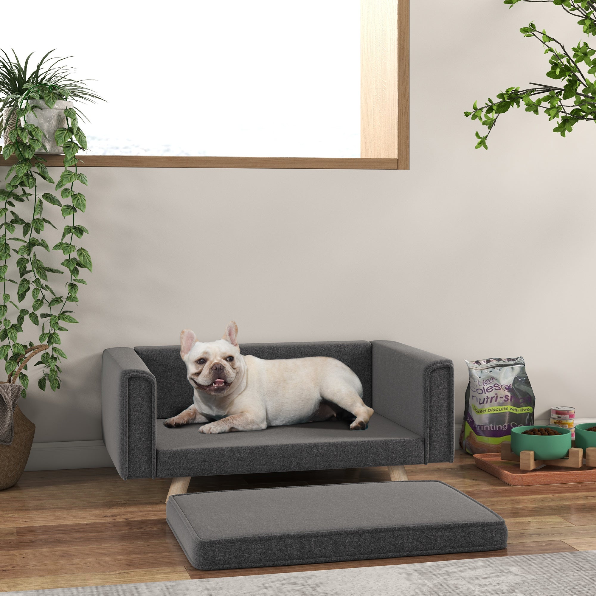 PawHut Dog Sofa Bed, Elevated Dog Couch for Medium and Small Dogs, with Soft Cushion, Removable and Washable Cover, Grey