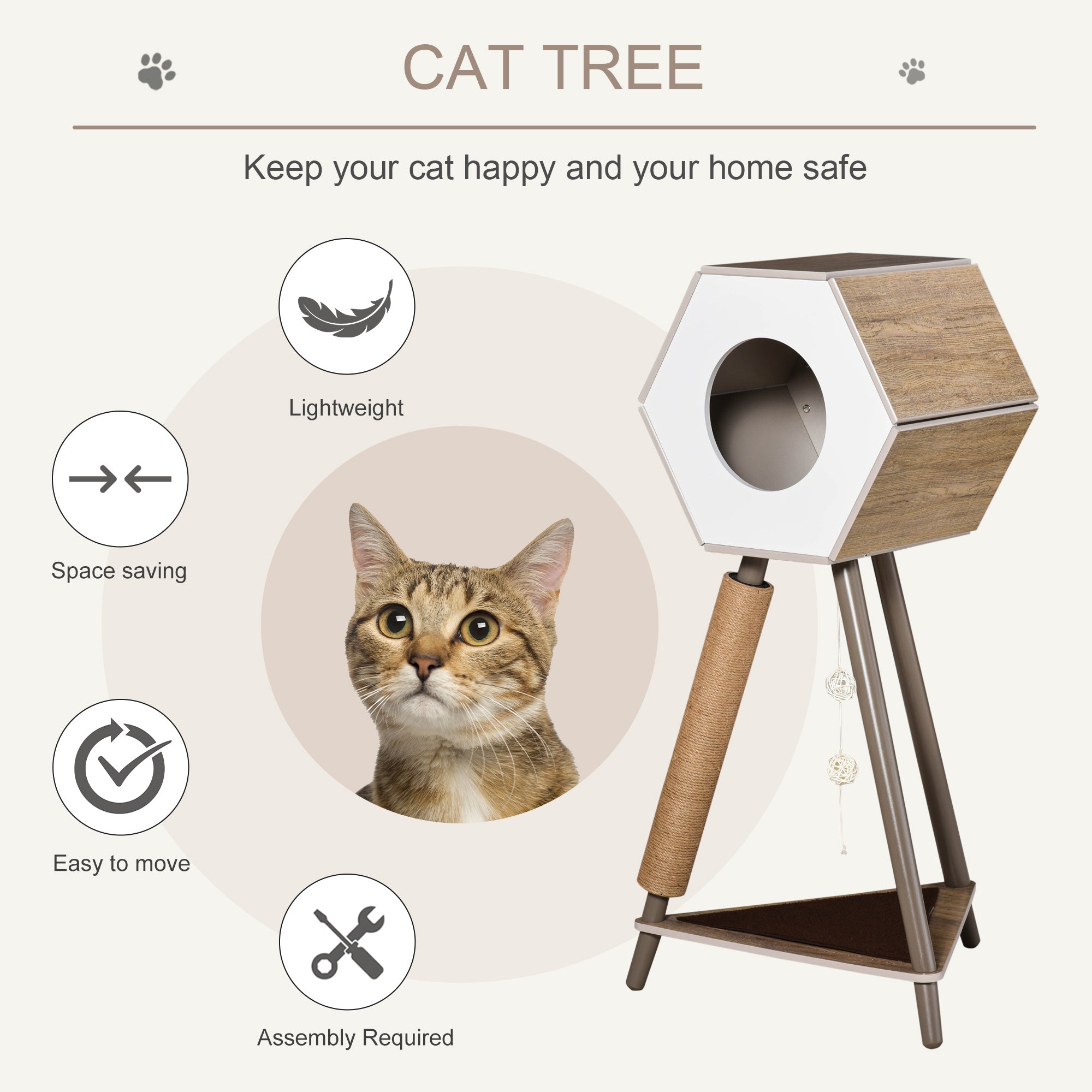 PawHut Cat Tree with Jute Scratching Post and Hanging Balls 44.5" H, Brown & White
