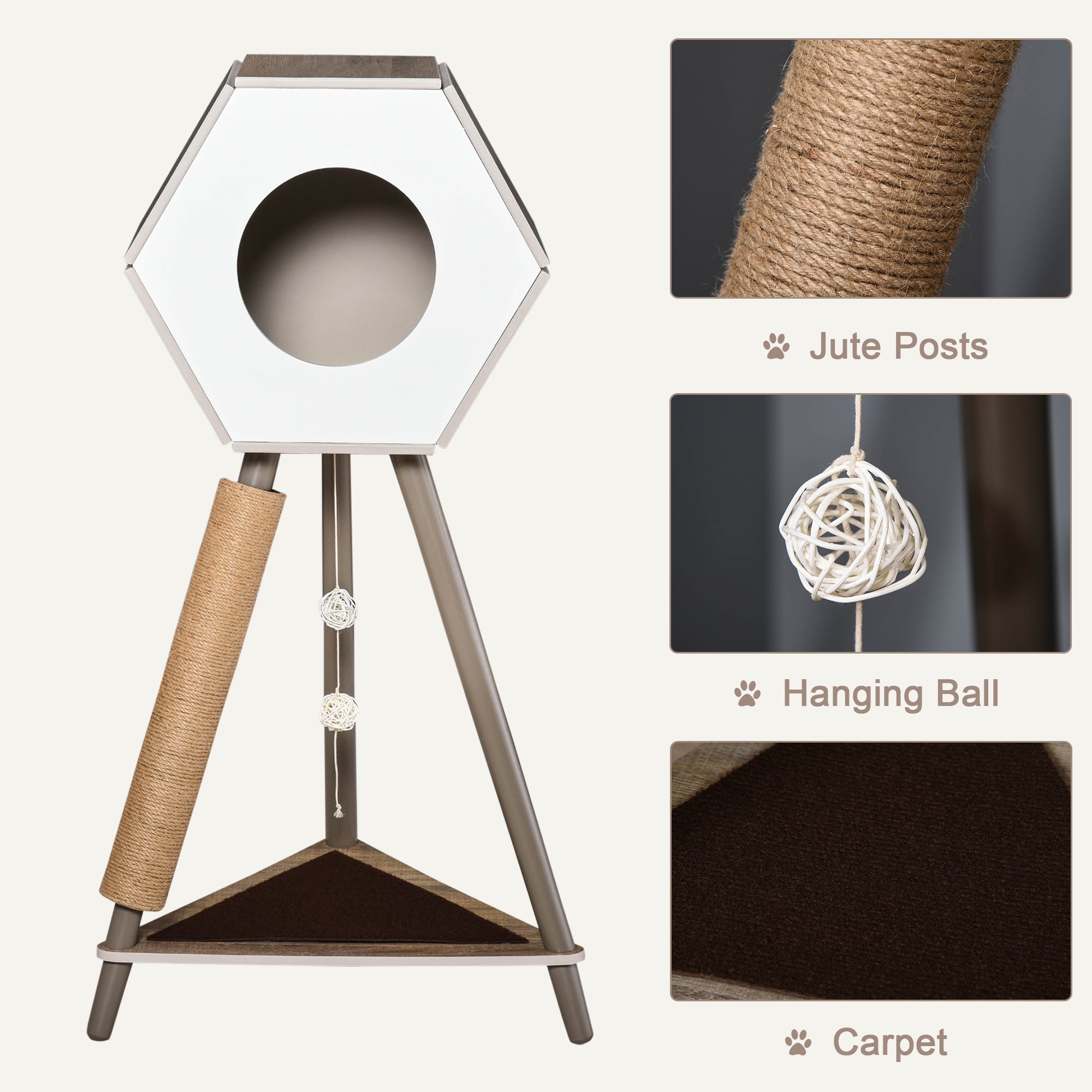 PawHut Cat Tree with Jute Scratching Post and Hanging Balls 44.5" H, Brown & White