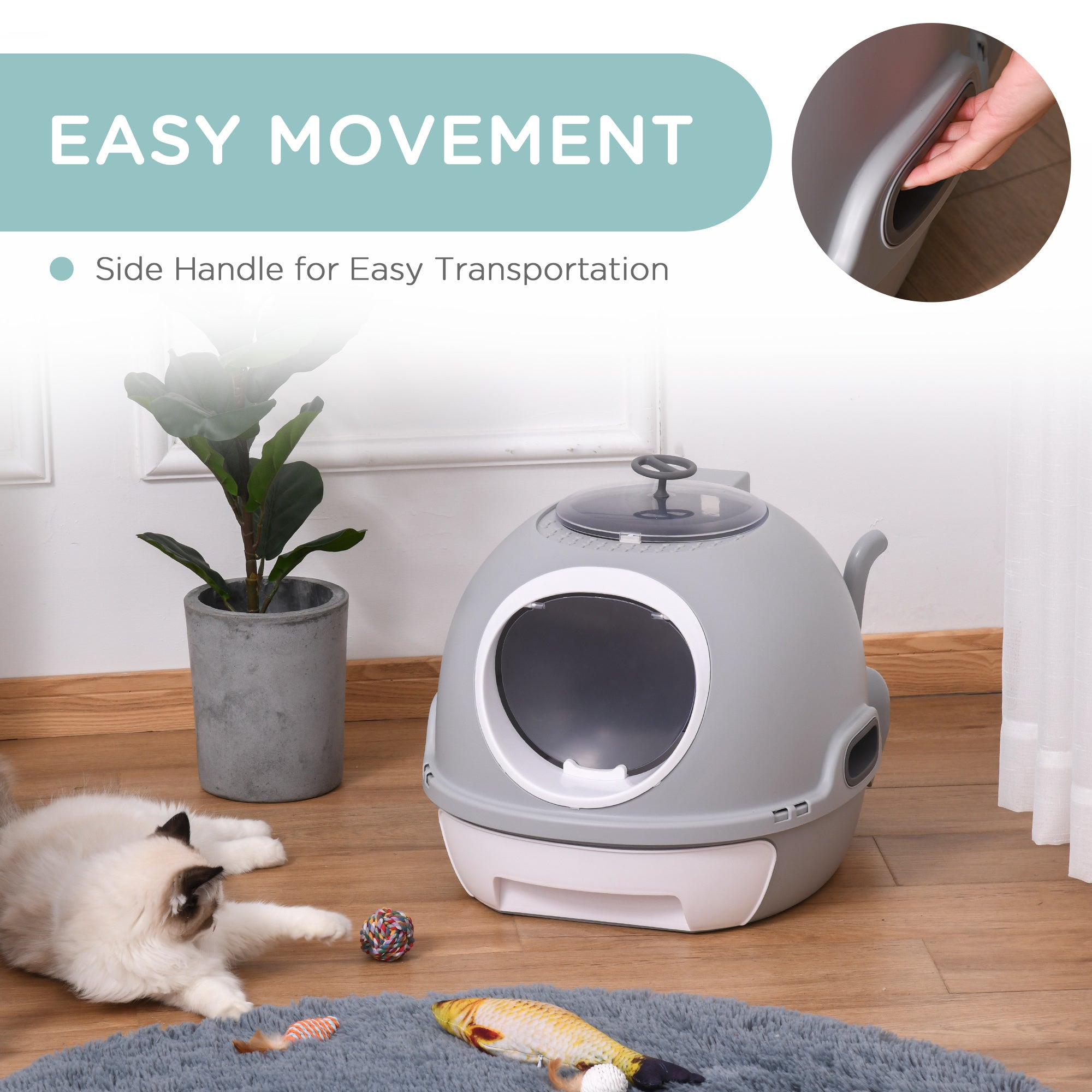 PawHut Enclosed Cat Litter Box, Covered Litter Box with Lid and Scoop, Cat Box Enclosure with Pull-out Drawer Type, Front Door and Skylight, Easy to Clean, Grey