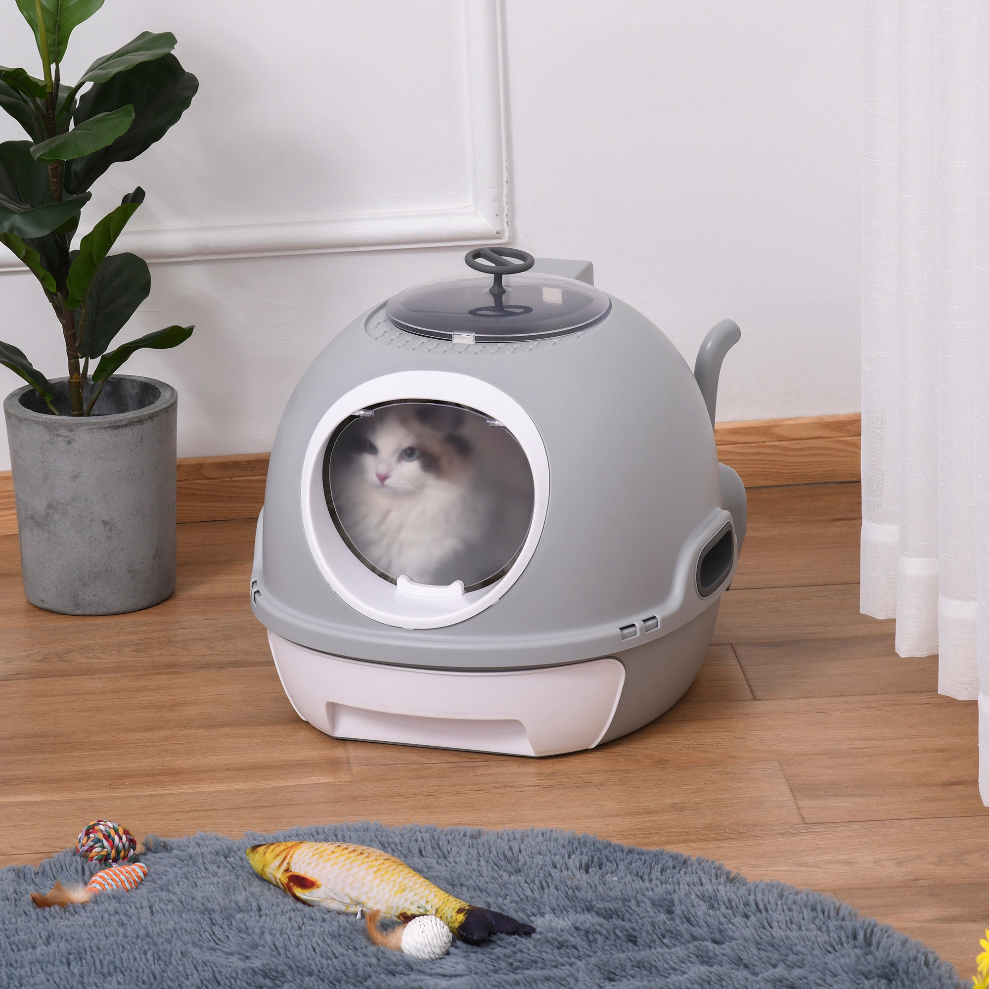 PawHut Enclosed Cat Litter Box, Covered Litter Box with Lid and Scoop, Cat Box Enclosure with Pull-out Drawer Type, Front Door and Skylight, Easy to Clean, Grey