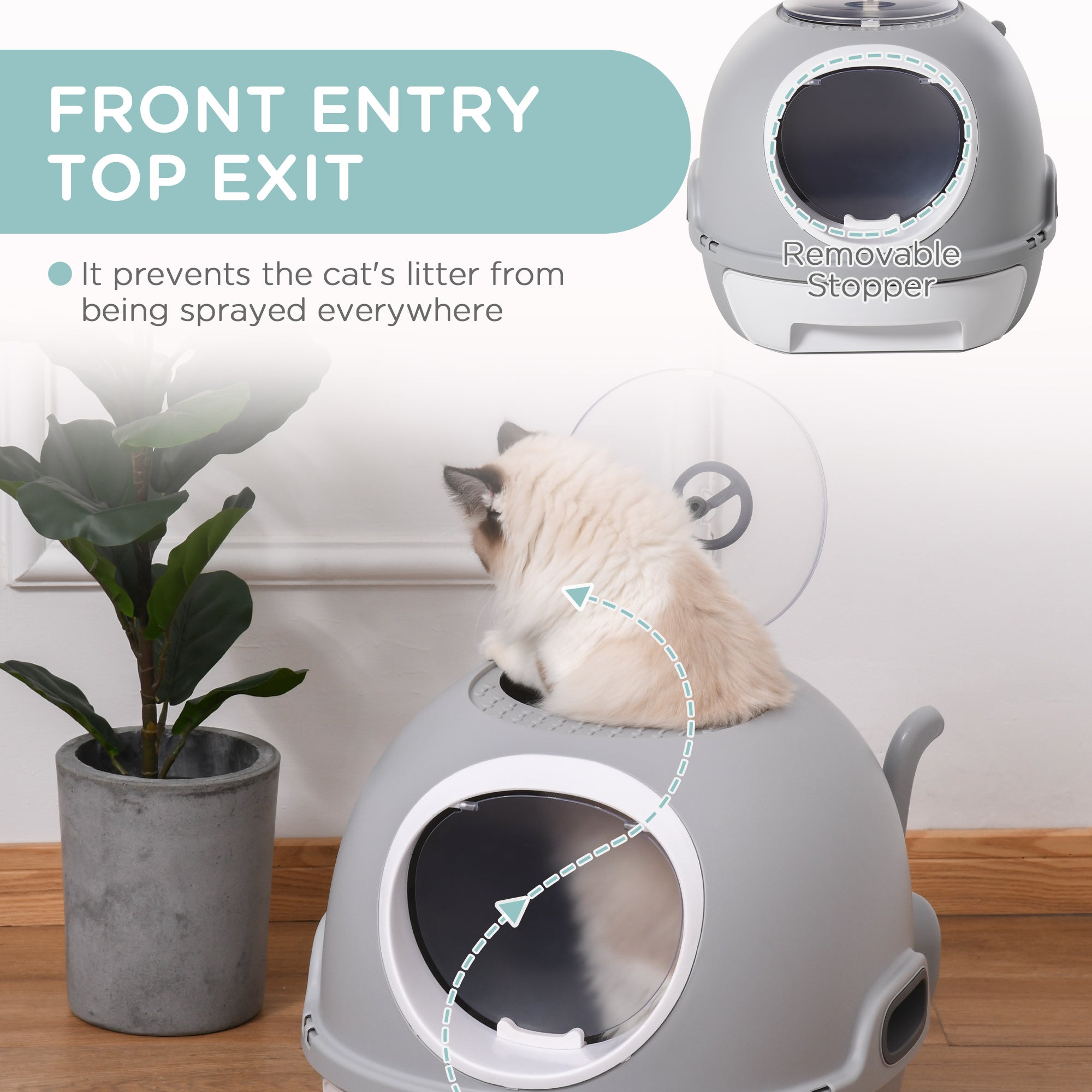 PawHut Enclosed Cat Litter Box, Covered Litter Box with Lid and Scoop, Cat Box Enclosure with Pull-out Drawer Type, Front Door and Skylight, Easy to Clean, Grey
