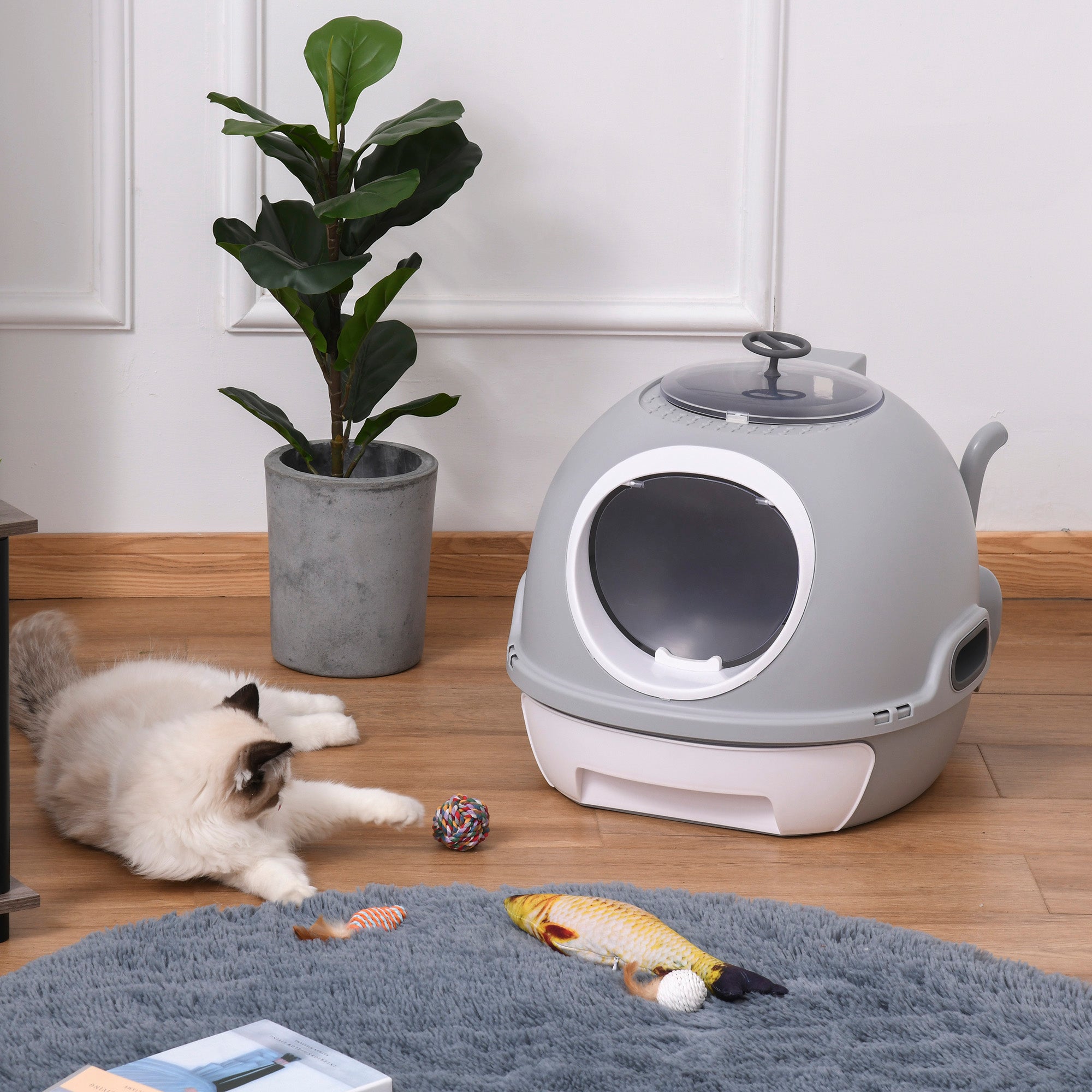 PawHut Cat Litter Box Toilet with Litter Scoop Enclosed Drawer, Front Entry Top Exit, Easy To Clean Grey