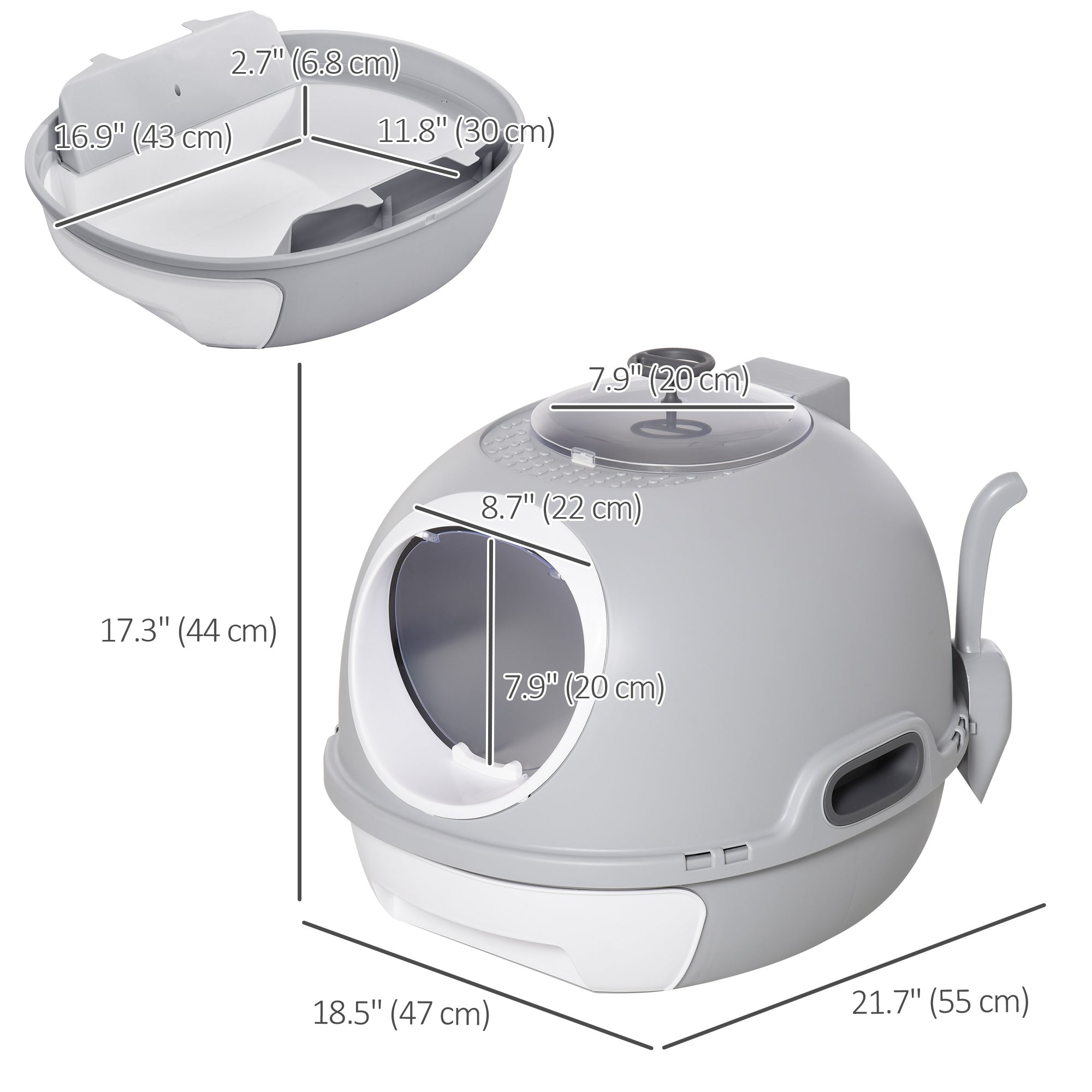 PawHut Enclosed Cat Litter Box, Covered Litter Box with Lid and Scoop, Cat Box Enclosure with Pull-out Drawer Type, Front Door and Skylight, Easy to Clean, Grey