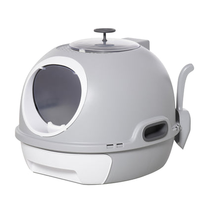 PawHut Enclosed Cat Litter Box, Covered Litter Box with Lid and Scoop, Cat Box Enclosure with Pull-out Drawer Type, Front Door and Skylight, Easy to Clean, Grey