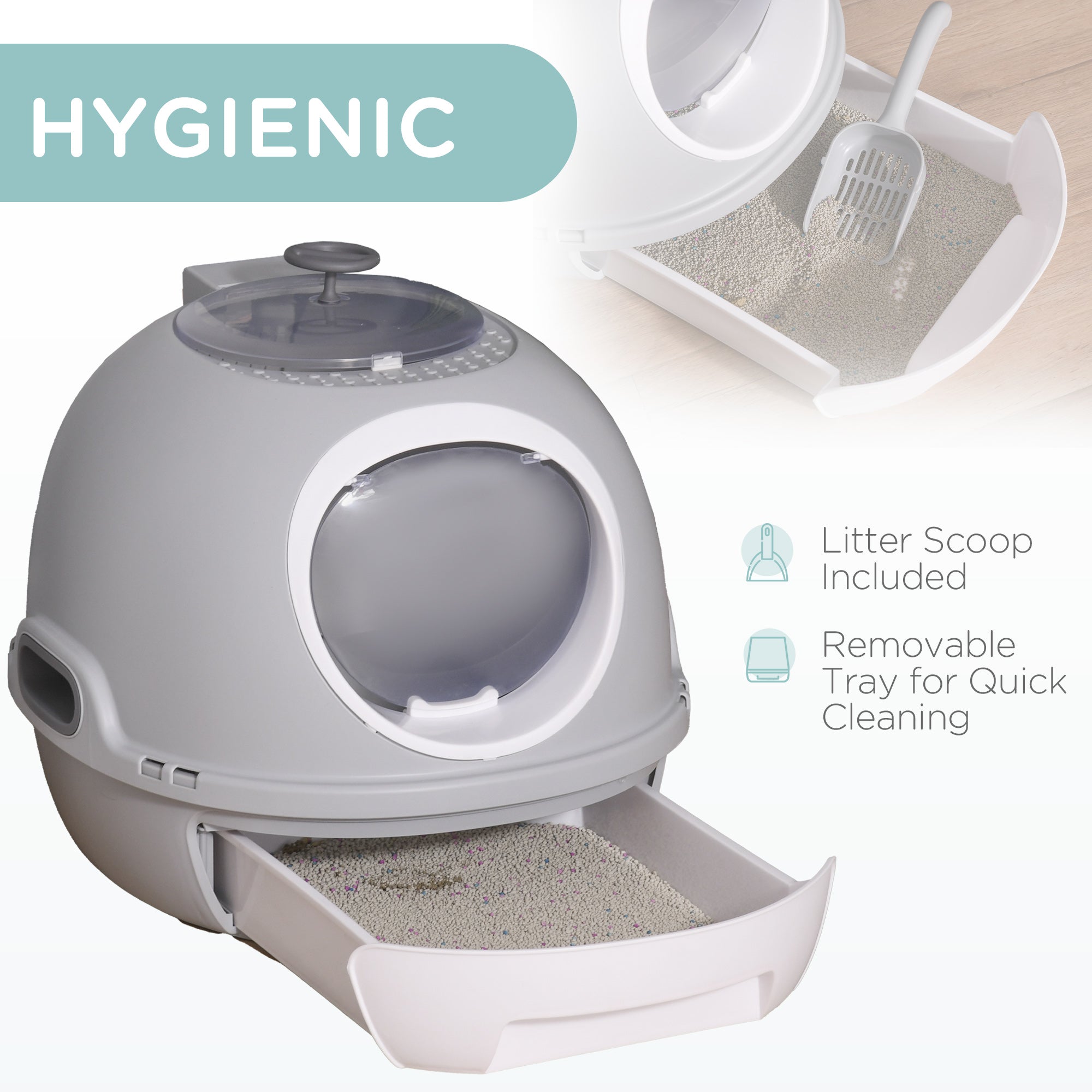 PawHut Enclosed Cat Litter Box, Covered Litter Box with Lid and Scoop, Cat Box Enclosure with Pull-out Drawer Type, Front Door and Skylight, Easy to Clean, Grey