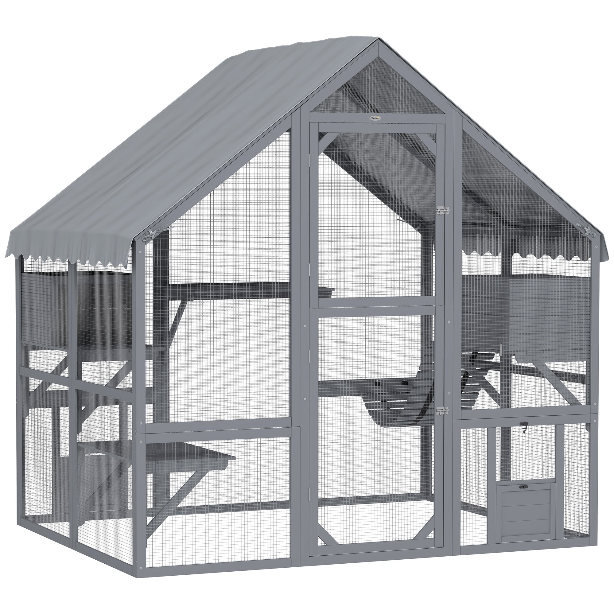 PawHut Catio Outdoor Cat Enclosure, Large Cat House with Waterproof Cover, 2 Resting Boxes, 4 Platforms, Bridge, Wooden Cat Cage Outdoor for 2-4 Kittens, 73" x 55" x 74", Grey