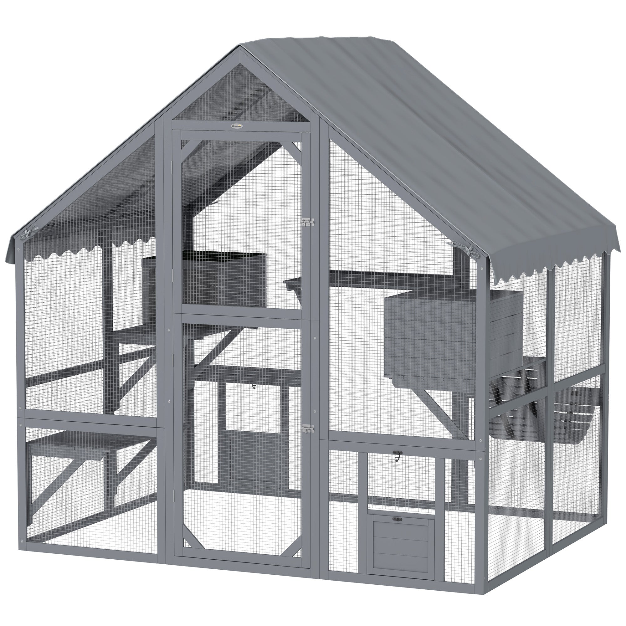 PawHut Catio Outdoor Cat Enclosure, Large Cat House with Waterproof Cover, 2 Resting Boxes, 4 Platforms, Bridge, Wooden Cat Cage Outdoor for 2-4 Kittens, 73" x 55" x 74", Grey