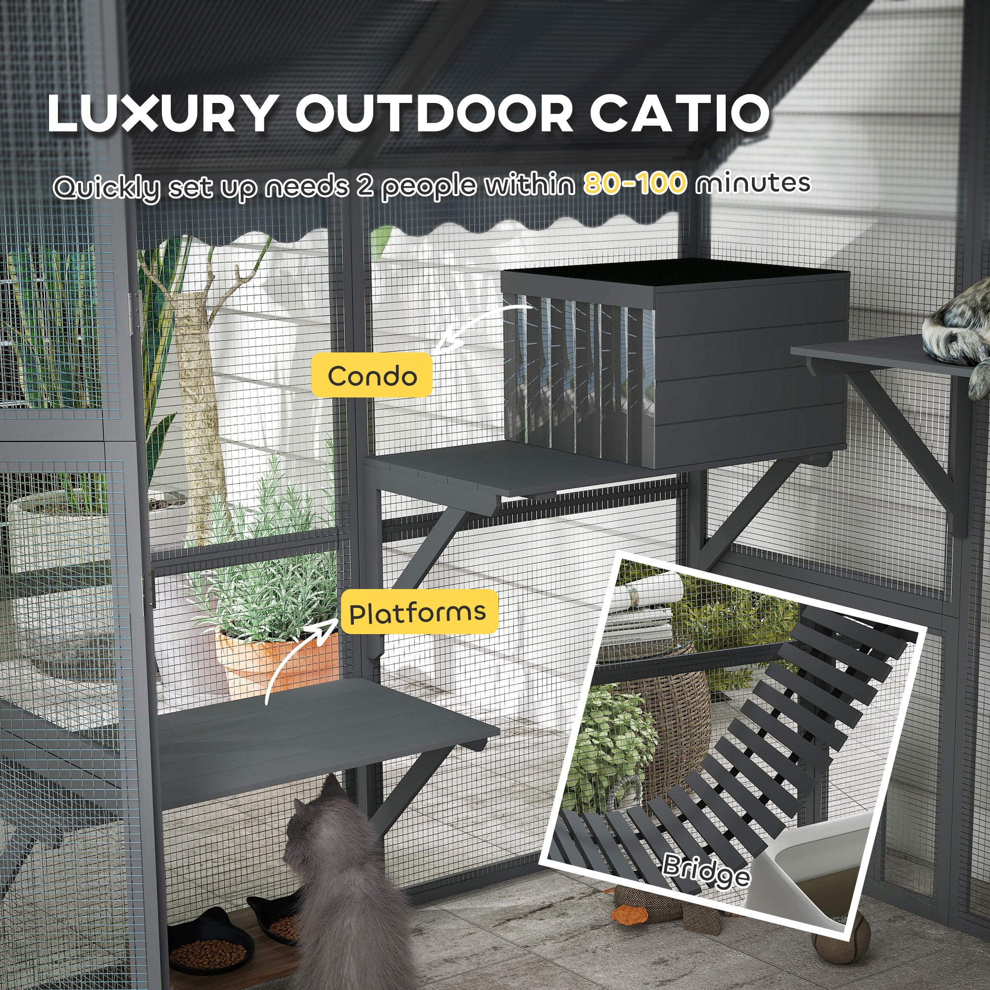 PawHut Catio Outdoor Cat Enclosure, Large Cat House with Waterproof Cover, 2 Resting Boxes, 4 Platforms, Bridge, Wooden Cat Cage Outdoor for 2-4 Kittens, 73" x 55" x 74", Grey