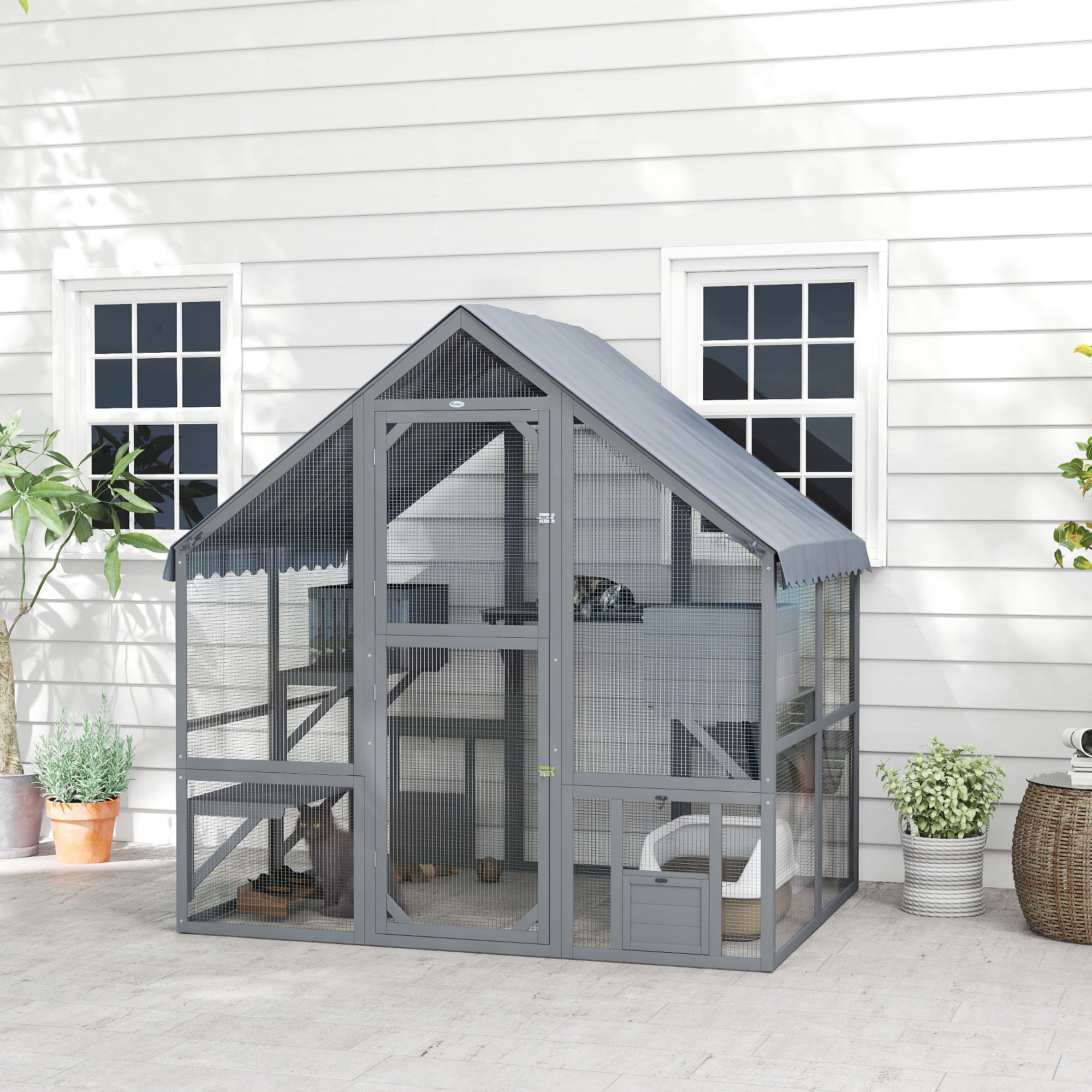 PawHut Catio Outdoor Cat Enclosure, Large Cat House with Waterproof Cover, 2 Resting Boxes, 4 Platforms, Bridge, Wooden Cat Cage Outdoor for 2-4 Kittens, 73" x 55" x 74", Grey