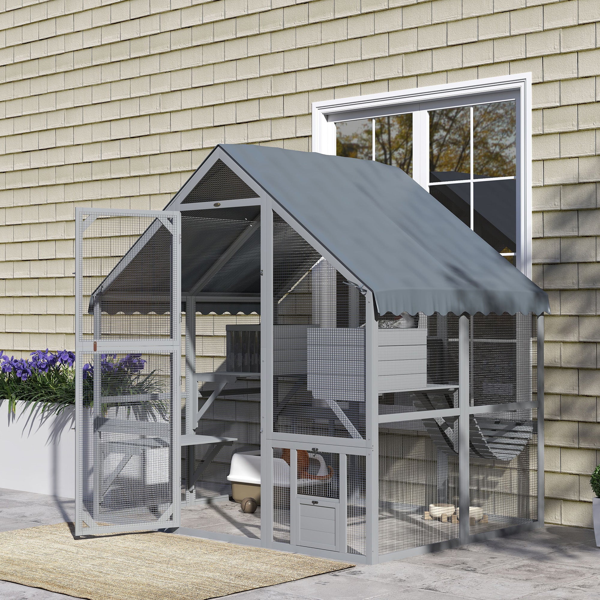 PawHut Catio Outdoor Cat Enclosure, Large Cat House with Waterproof Cover, 2 Resting Boxes, 4 Platforms, Bridge, Wooden Cat Cage Outdoor for 2-4 Kittens, 73" x 55" x 74", Grey