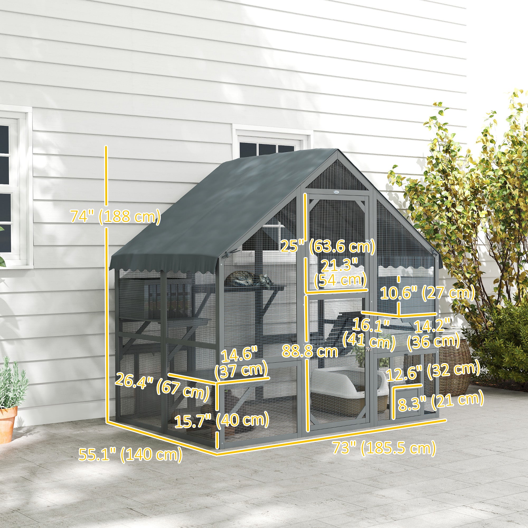 PawHut Catio Outdoor Cat Enclosure, Large Cat House with Waterproof Cover, 2 Resting Boxes, 4 Platforms, Bridge, Wooden Cat Cage Outdoor for 2-4 Kittens, 73