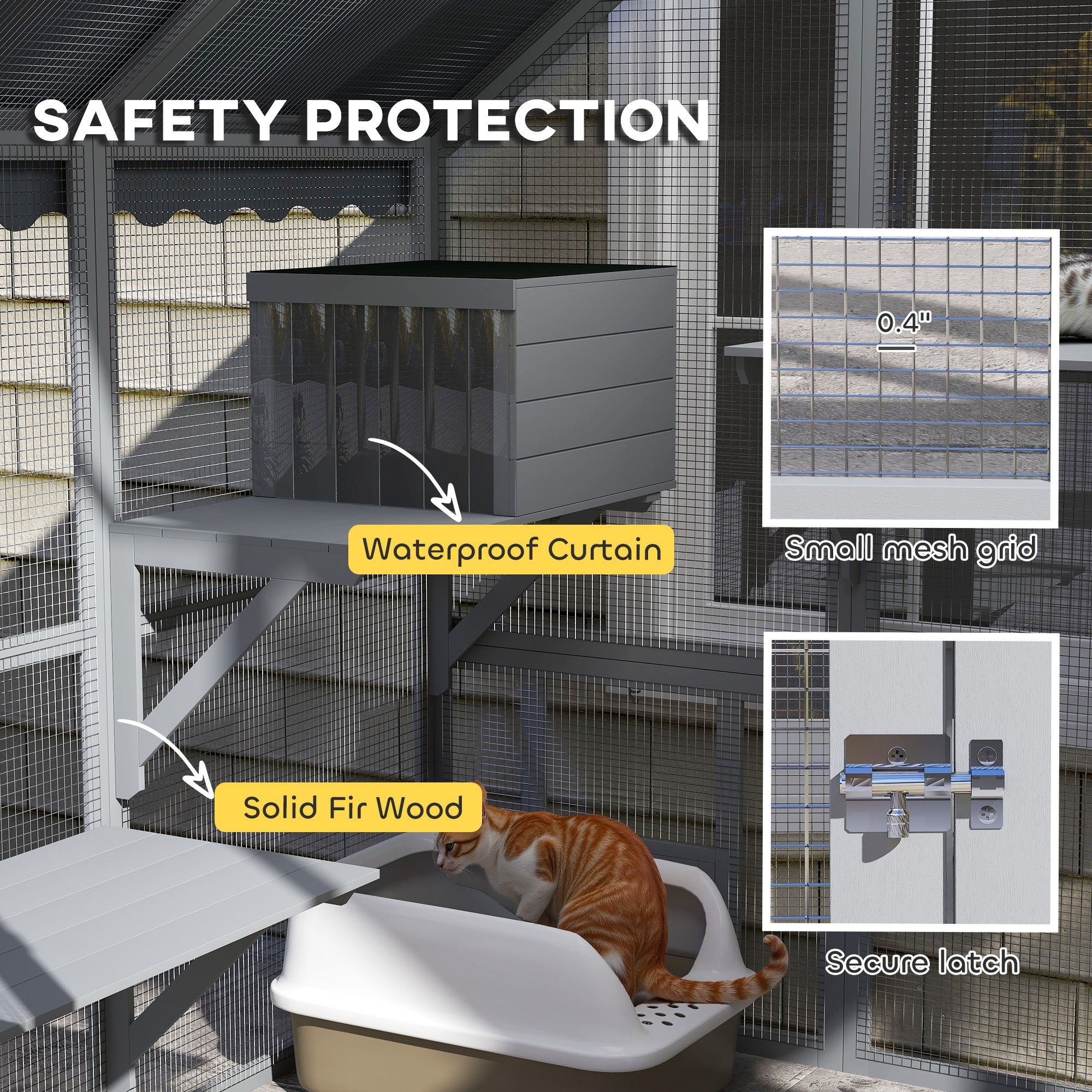 PawHut Catio Outdoor Cat Enclosure, Large Cat House with Waterproof Cover, 2 Resting Boxes, 4 Platforms, Bridge, Wooden Cat Cage Outdoor for 2-4 Kittens, 73" x 55" x 74", Grey