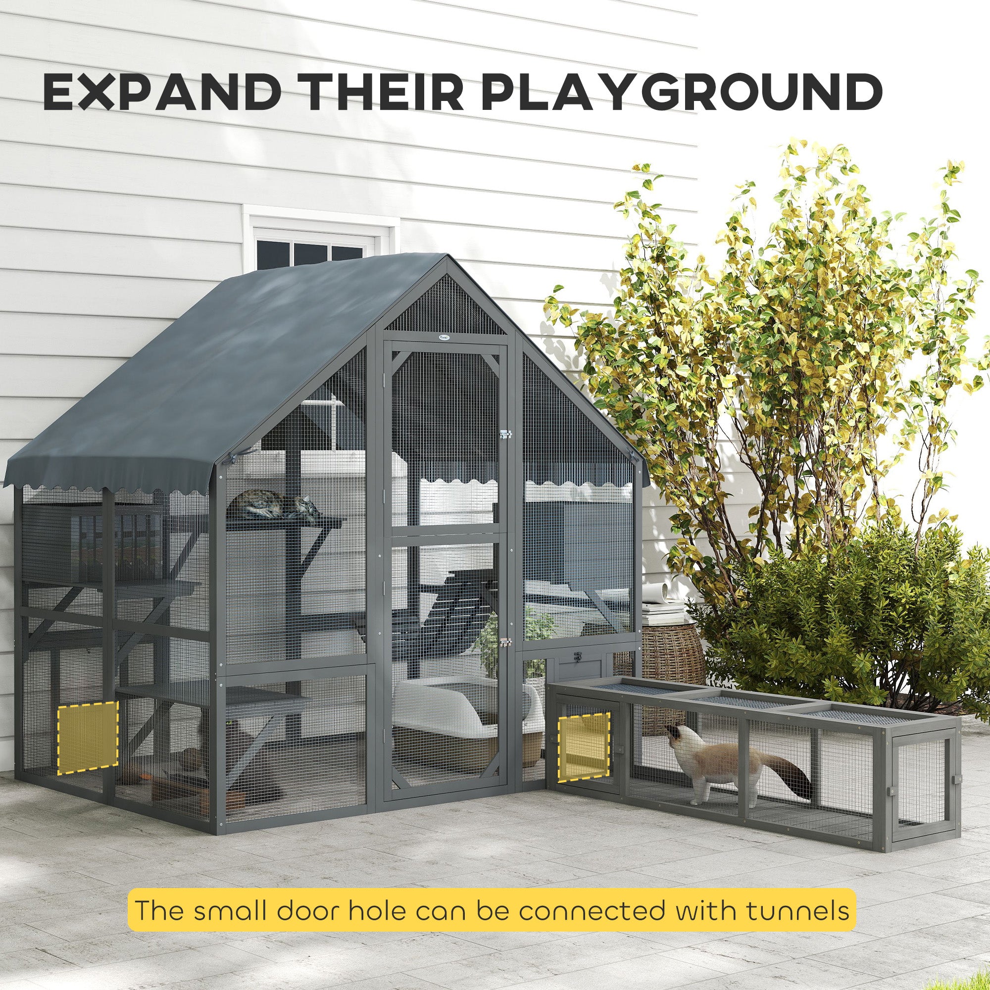 PawHut Catio Outdoor Cat Enclosure, Large Cat House with Waterproof Cover, 2 Resting Boxes, 4 Platforms, Bridge, Wooden Cat Cage Outdoor for 2-4 Kittens, 73" x 55" x 74", Grey