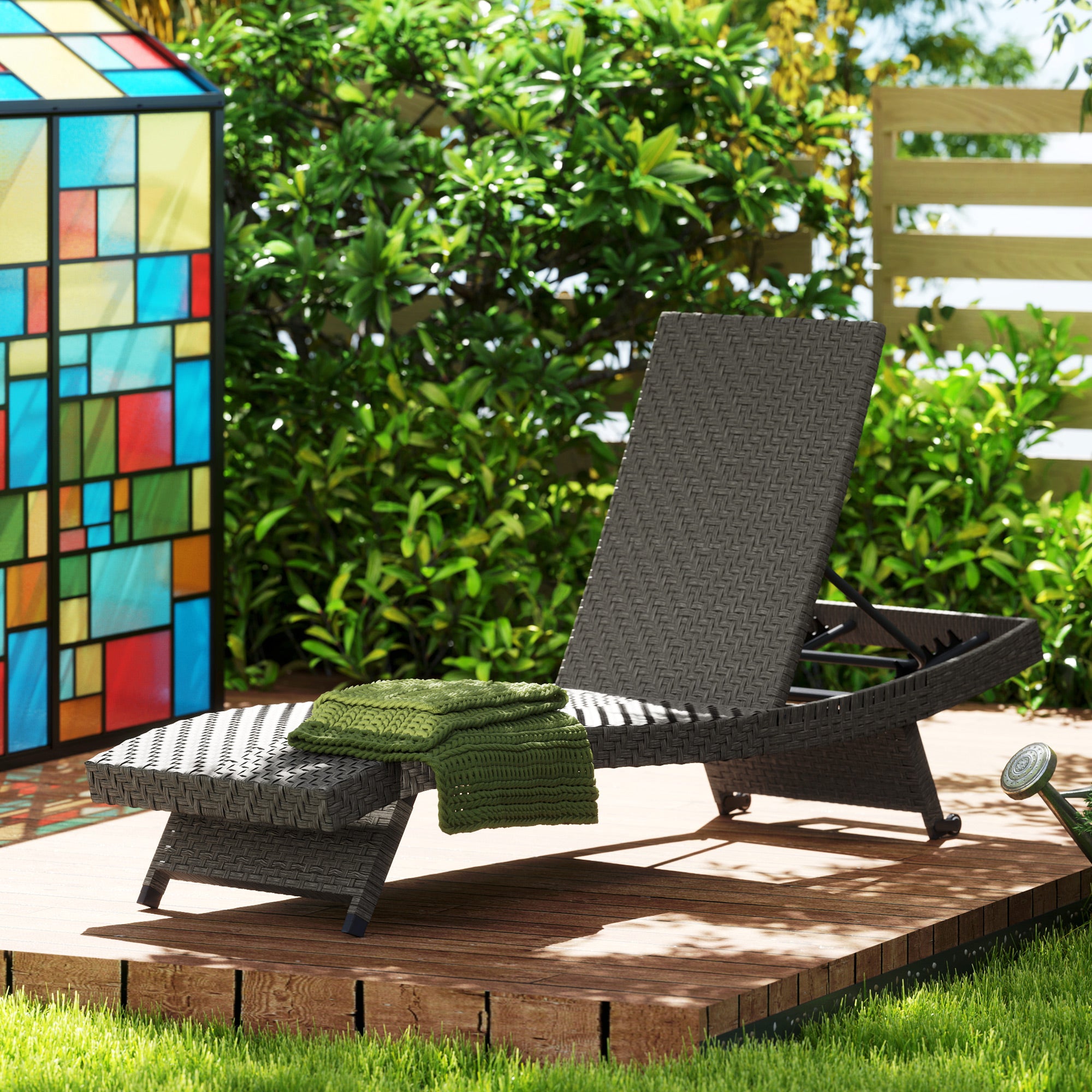 Outsunny PE Rattan Patio Lounger, Foldable Outdoor Lounge Chair with 5-Level Adjustable Backrest, Two Wheels, and Quick-Drying Foam, for Sun Room, Garden, Poolside, Mixed Grey