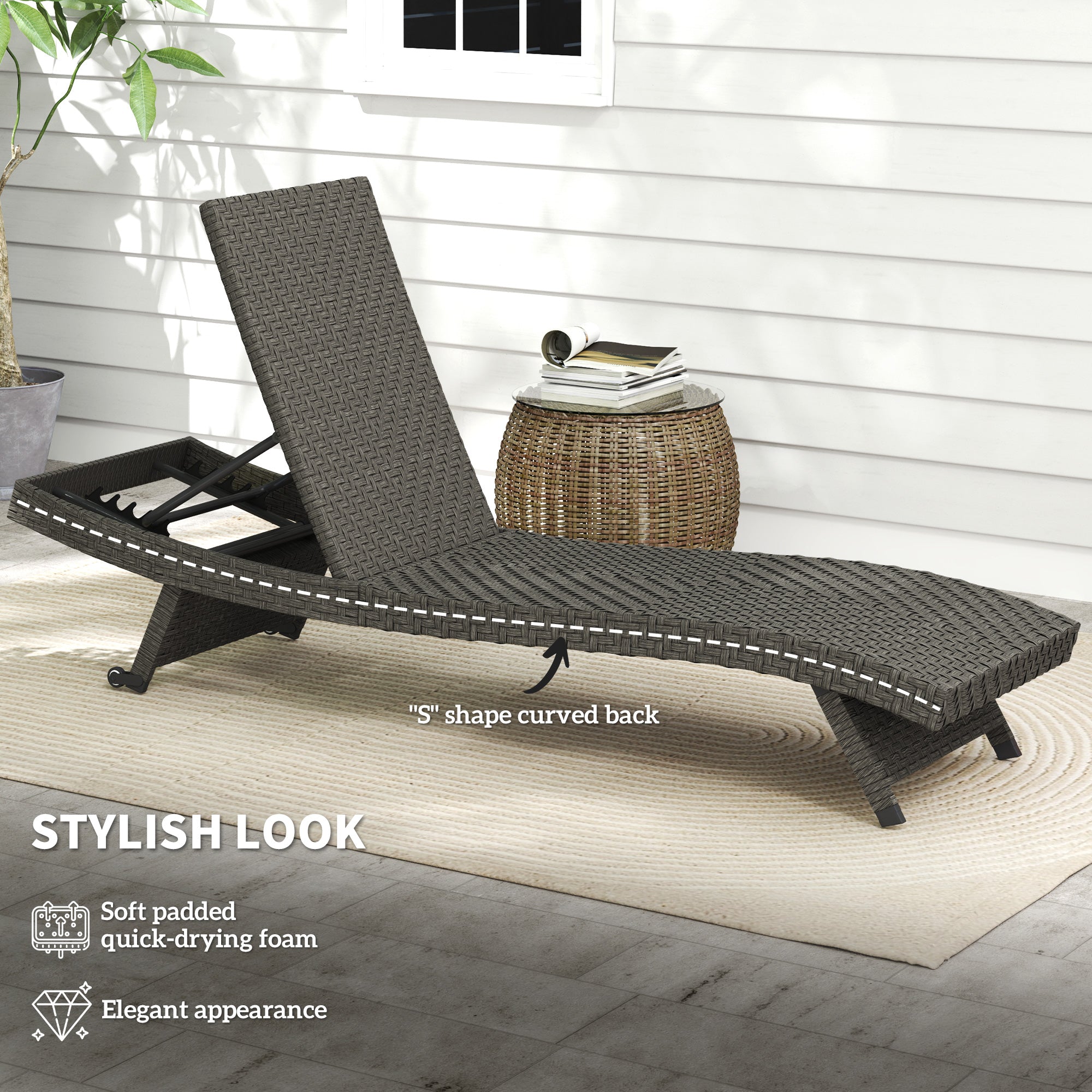 Outsunny PE Rattan Patio Lounger, Foldable Outdoor Lounge Chair with 5-Level Adjustable Backrest, Two Wheels, and Quick-Drying Foam, for Sun Room, Garden, Poolside, Mixed Grey
