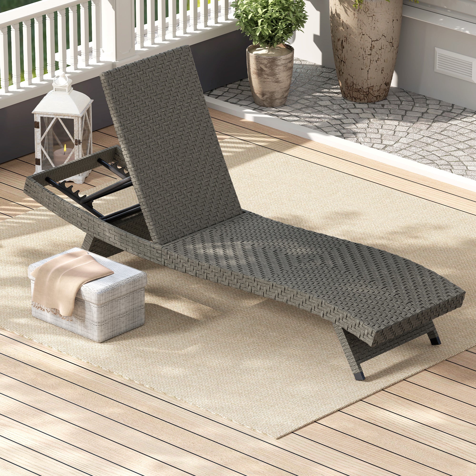 Outsunny PE Rattan Patio Lounger, Foldable Outdoor Lounge Chair with 5-Level Adjustable Backrest, Two Wheels, and Quick-Drying Foam, for Sun Room, Garden, Poolside, Mixed Grey