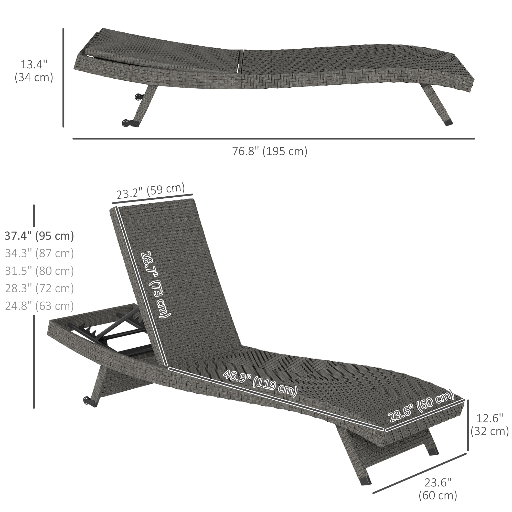 Outsunny PE Rattan Patio Lounger, Foldable Outdoor Lounge Chair with 5-Level Adjustable Backrest, Two Wheels, and Quick-Drying Foam, for Sun Room, Garden, Poolside, Mixed Grey