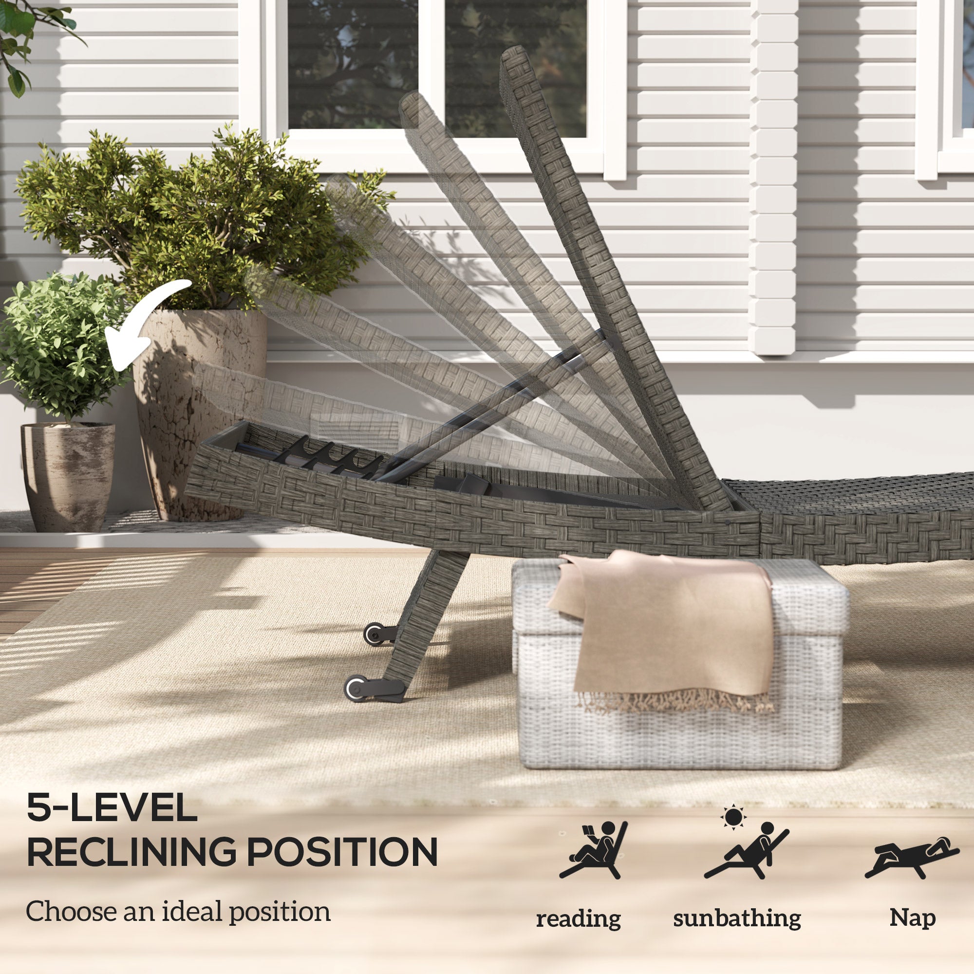 Outsunny PE Rattan Patio Lounger, Foldable Outdoor Lounge Chair with 5-Level Adjustable Backrest, Two Wheels, and Quick-Drying Foam, for Sun Room, Garden, Poolside, Mixed Grey