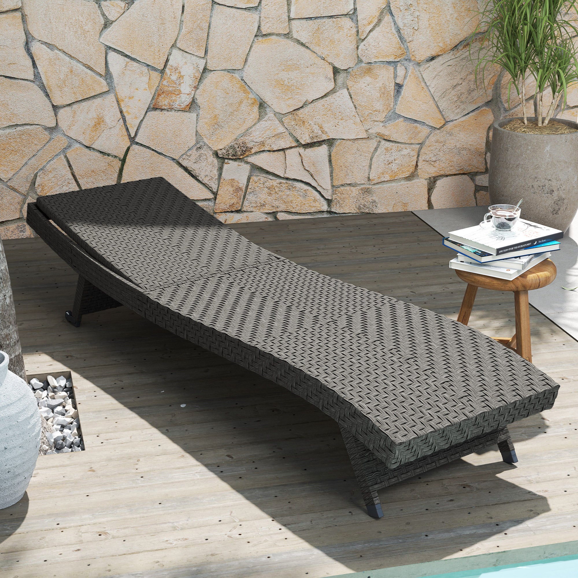 Outsunny PE Rattan Patio Lounger, Foldable Outdoor Lounge Chair with 5-Level Adjustable Backrest, Two Wheels, and Quick-Drying Foam, for Sun Room, Garden, Poolside, Mixed Grey