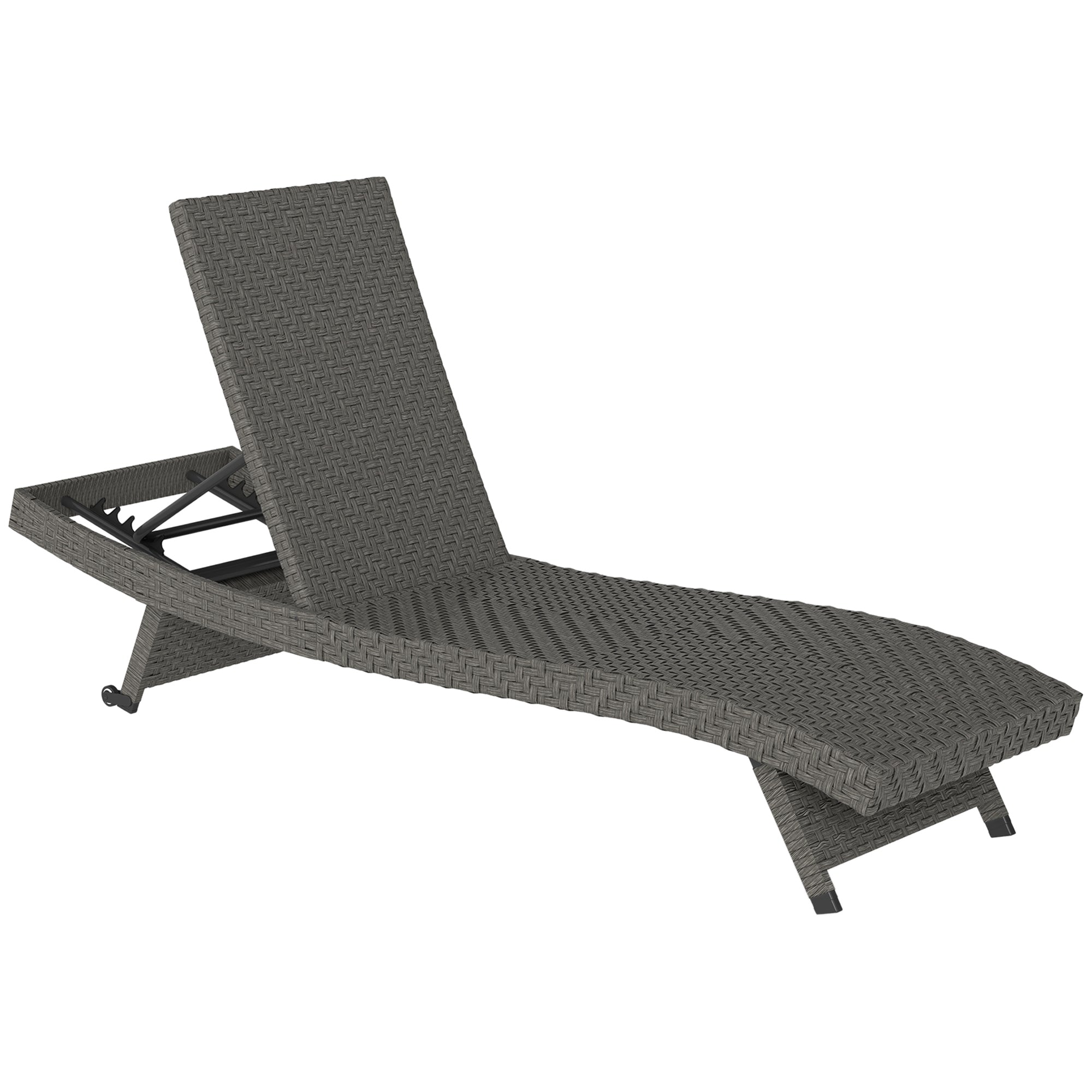 Outsunny PE Rattan Patio Lounger, Foldable Outdoor Lounge Chair with 5-Level Adjustable Backrest, Two Wheels, and Quick-Drying Foam, for Sun Room, Garden, Poolside, Mixed Grey