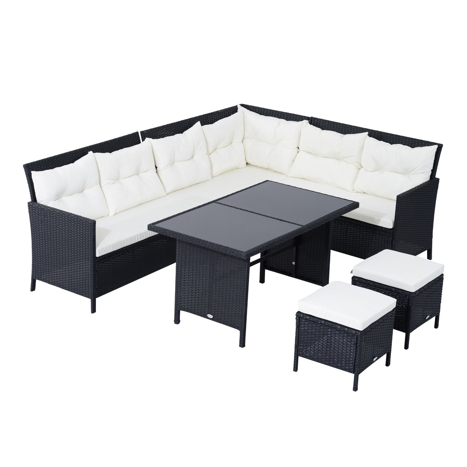 Outsunny 6 Pieces Patio Dining Set Wicker Outdoor Furniture Set Garden Rattan Sofa Set Outdoor Sectional Couch with Cushions, Dining Table and Ottomans, White