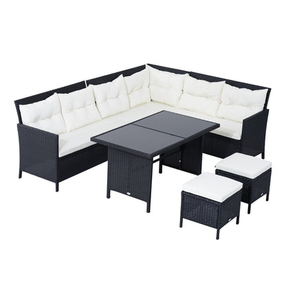 Outsunny 6 Pieces Patio Dining Set Wicker Outdoor Furniture Set Garden Rattan Sofa Set Outdoor Sectional Couch with Cushions, Dining Table and Ottomans, White