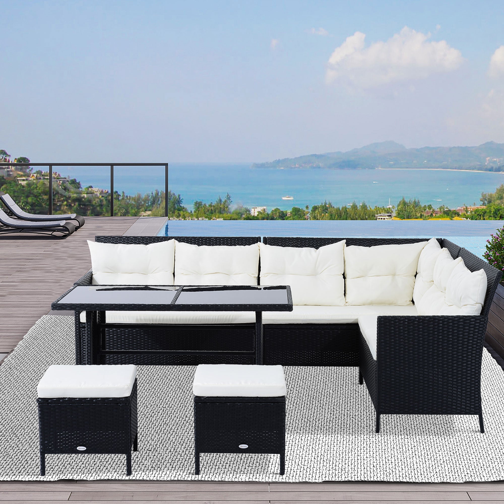 Outsunny 6 Pieces Patio Dining Set Wicker Outdoor Furniture Set Garden Rattan Sofa Set Outdoor Sectional Couch with Cushions, Dining Table and Ottomans, White