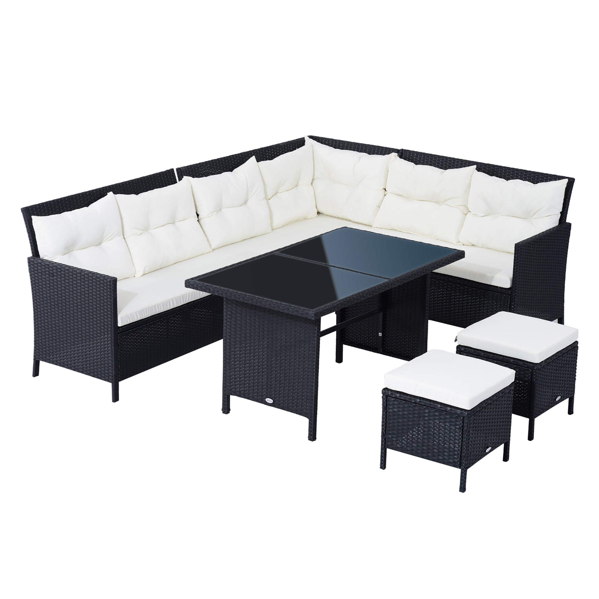 Outsunny 6 Pieces Patio Dining Set Wicker Outdoor Furniture Set Garden Rattan Sofa Set Outdoor Sectional Couch with Cushions, Dining Table and Ottomans, White