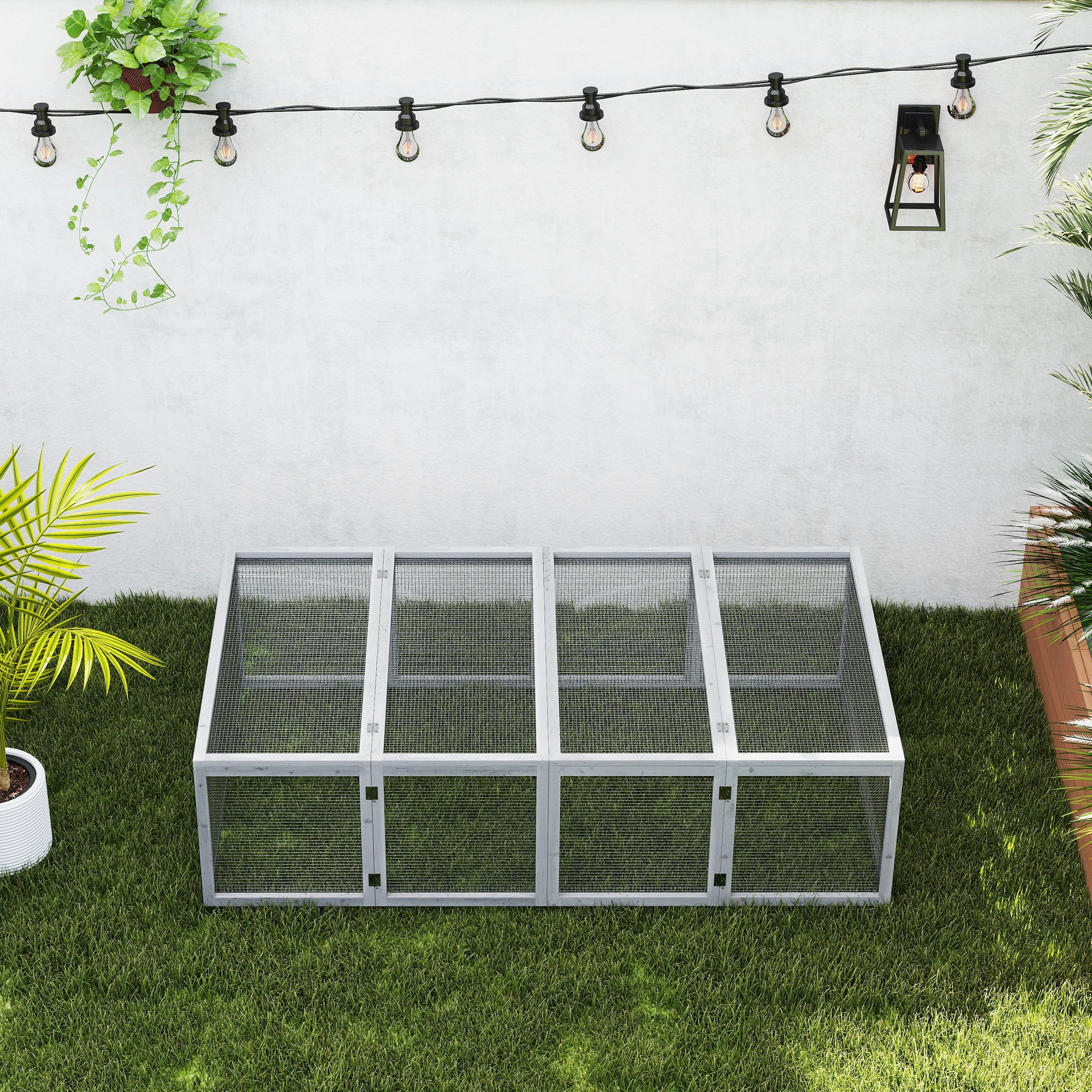 Pawhut Rabbit Run Wooden Rabbit Hutch Cage 6ft with Wire Mesh, Openable Roof, Play Space for Outdoor, 181 x 100 x 48 cm, Grey