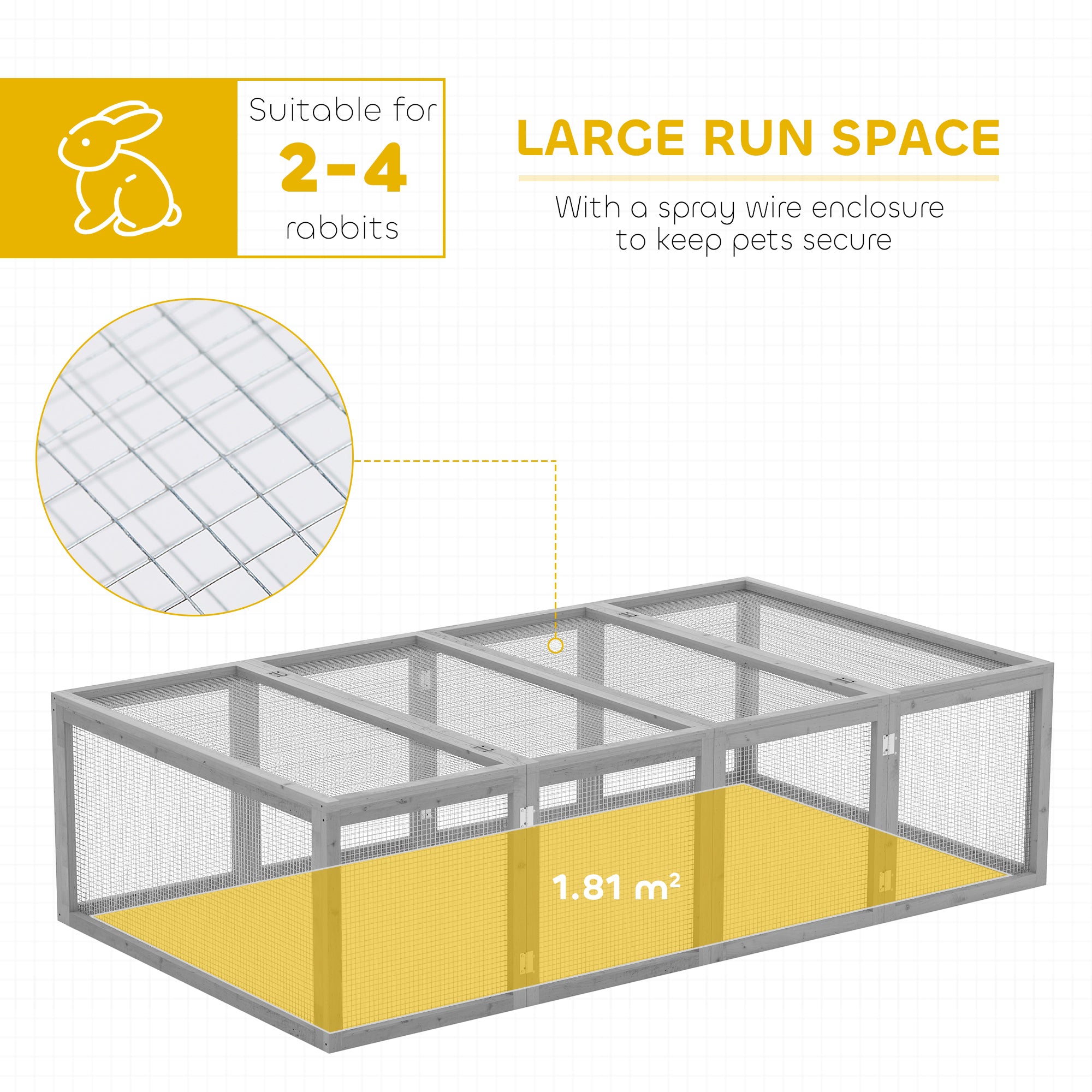 Pawhut Rabbit Run Wooden Rabbit Hutch Cage 6ft with Wire Mesh, Openable Roof, Play Space for Outdoor, 181 x 100 x 48 cm, Grey