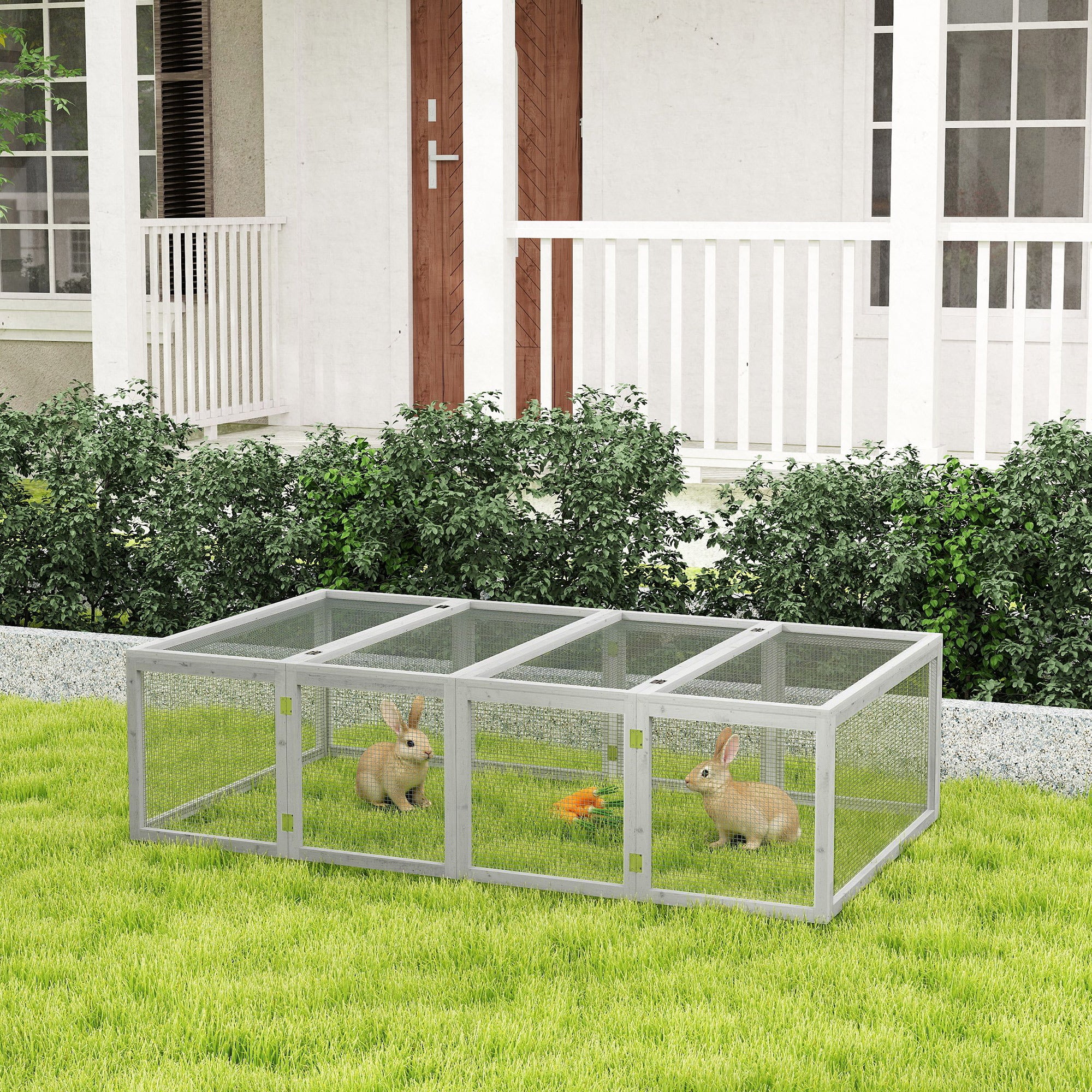 Pawhut Rabbit Run Wooden Rabbit Hutch Cage 6ft with Wire Mesh, Openable Roof, Play Space for Outdoor, 181 x 100 x 48 cm, Grey