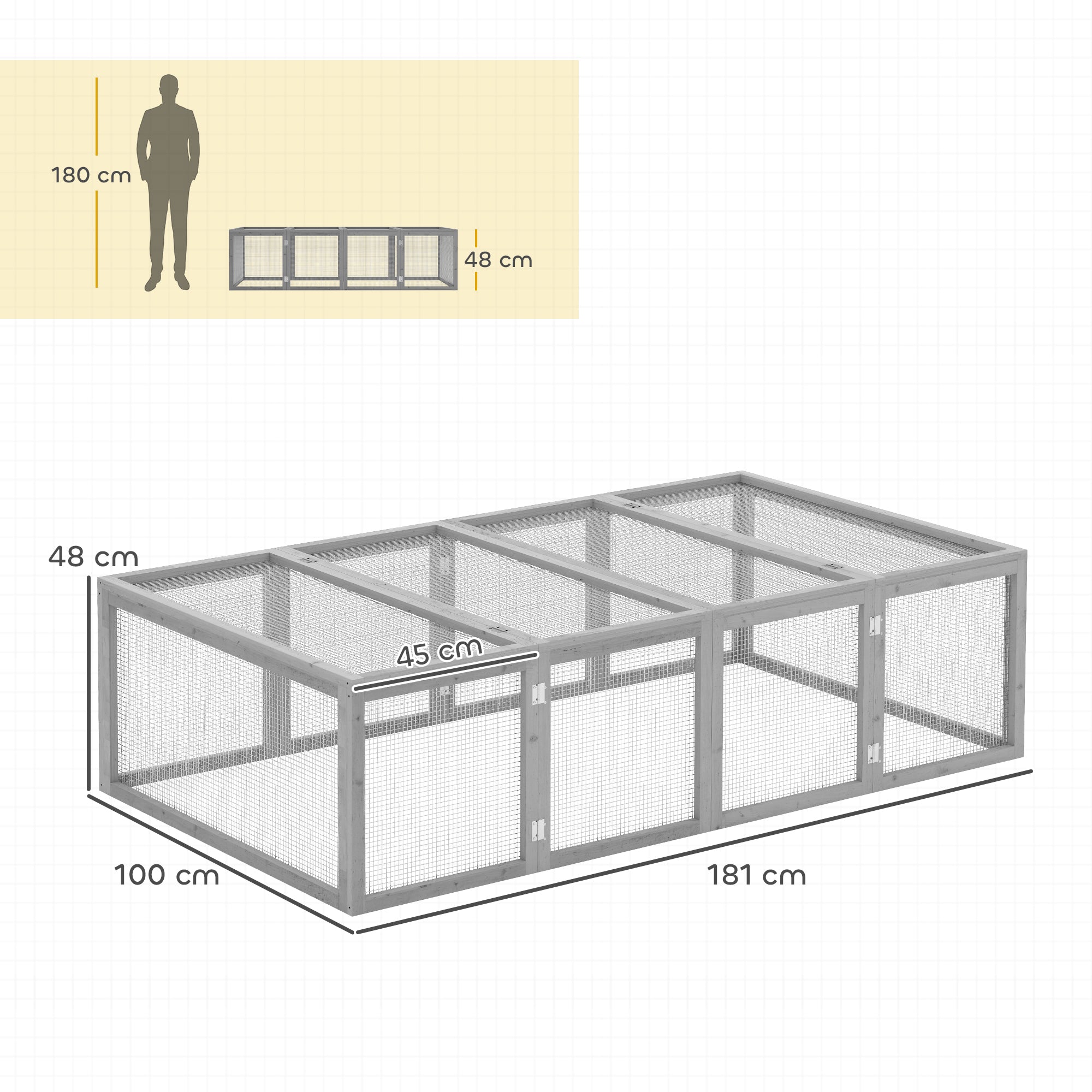 Pawhut Rabbit Run Wooden Rabbit Hutch Cage 6ft with Wire Mesh, Openable Roof, Play Space for Outdoor, 181 x 100 x 48 cm, Grey