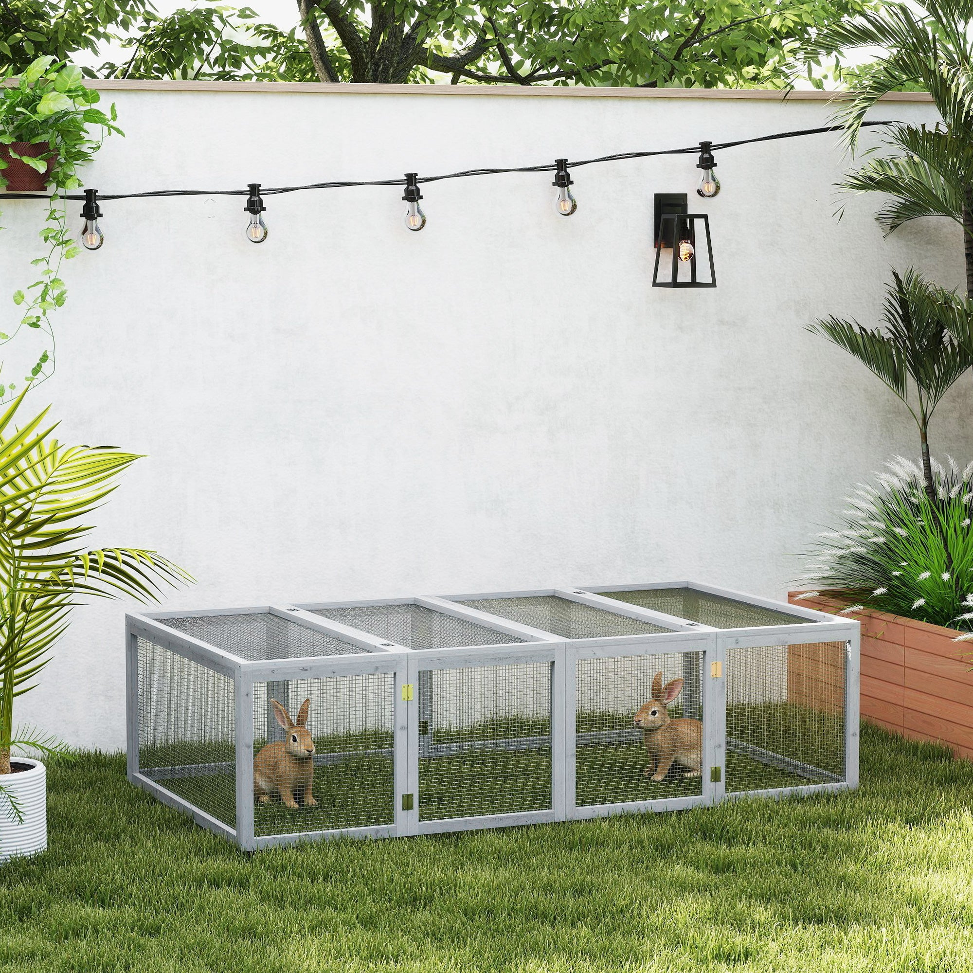Pawhut Rabbit Run Wooden Rabbit Hutch Cage 6ft with Wire Mesh, Openable Roof, Play Space for Outdoor, 181 x 100 x 48 cm, Grey