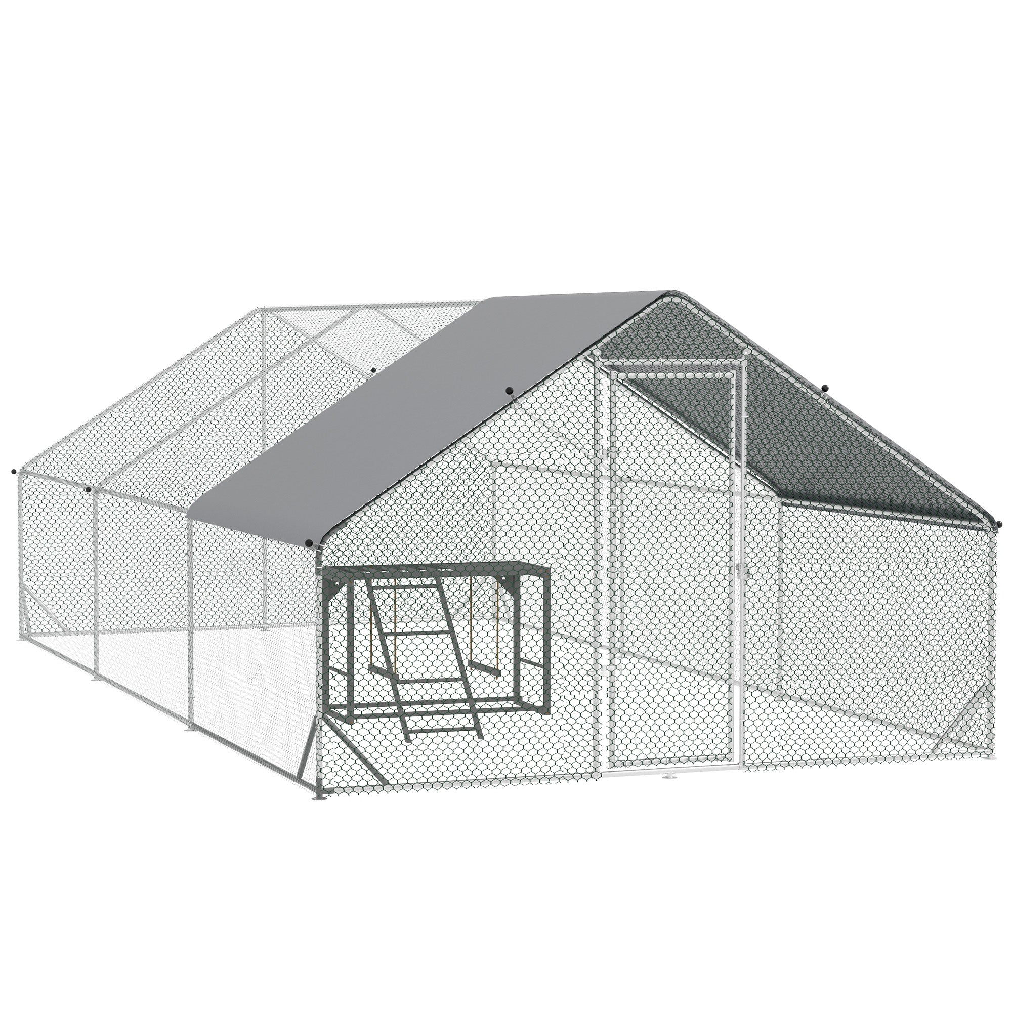 PawHut Walk-In Chicken Run, Galvanised Chicken Coop with UV-resistant and Water-Resistant Cover, Chicken Activity Shelf with 2 Swings, Poultry House for Outdoor, Farm, 3 x 6 x 2m