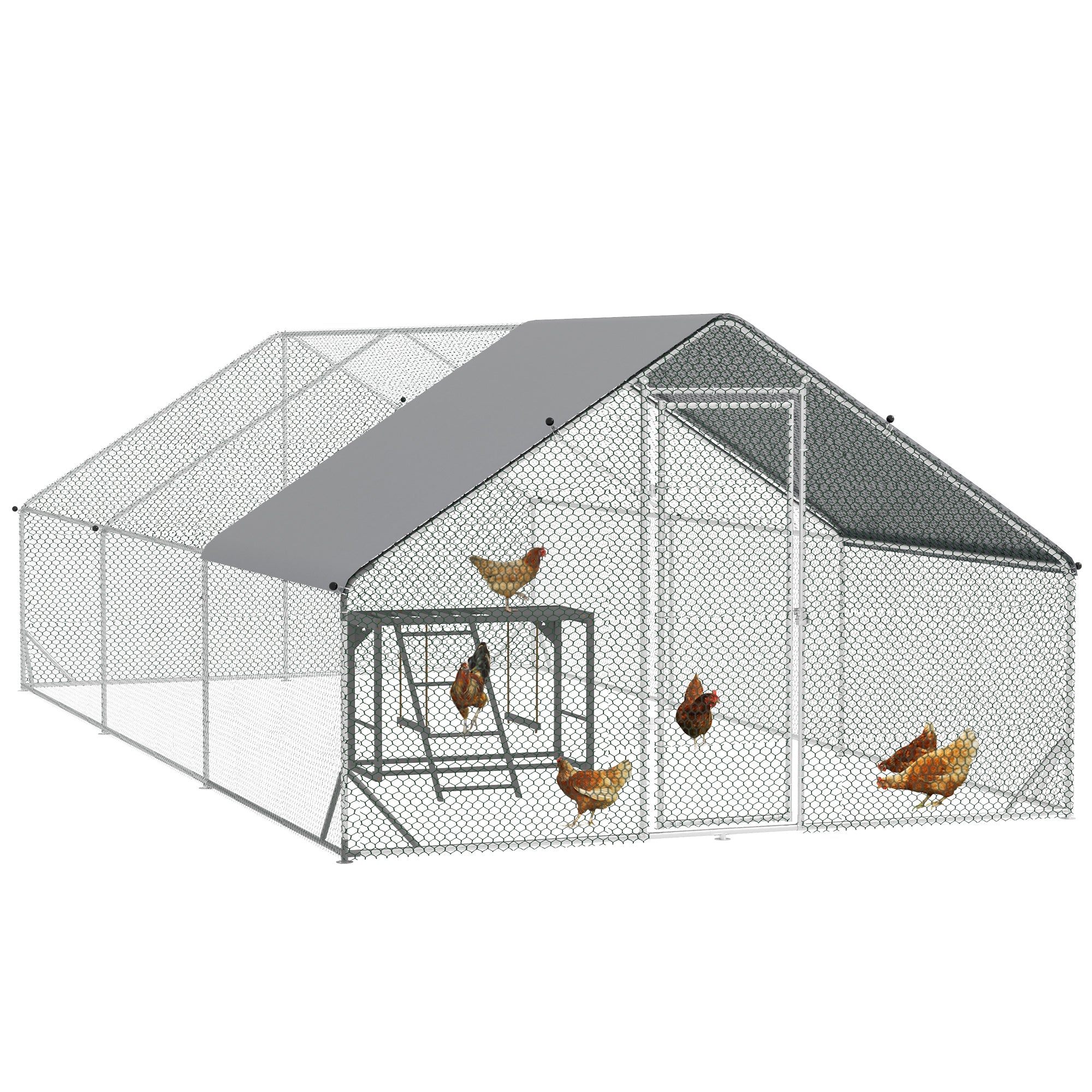 PawHut Walk-In Chicken Run, Galvanised Chicken Coop with UV-resistant and Water-Resistant Cover, Chicken Activity Shelf with 2 Swings, Poultry House for Outdoor, Farm, 3 x 6 x 2m