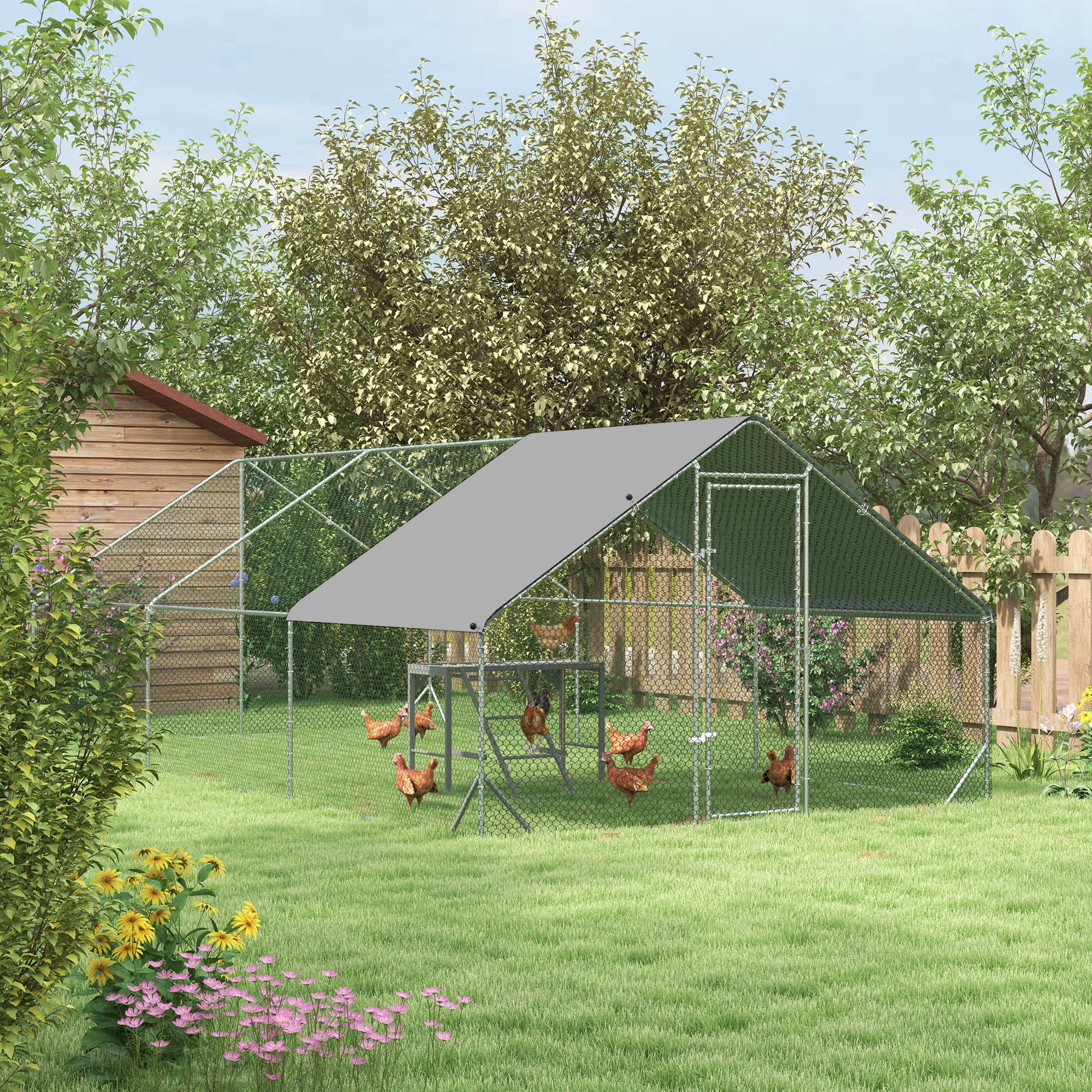 PawHut Walk-In Chicken Run, Galvanised Chicken Coop with UV-resistant and Water-Resistant Cover, Chicken Activity Shelf with 2 Swings, Poultry House for Outdoor, Farm, 3 x 6 x 2m