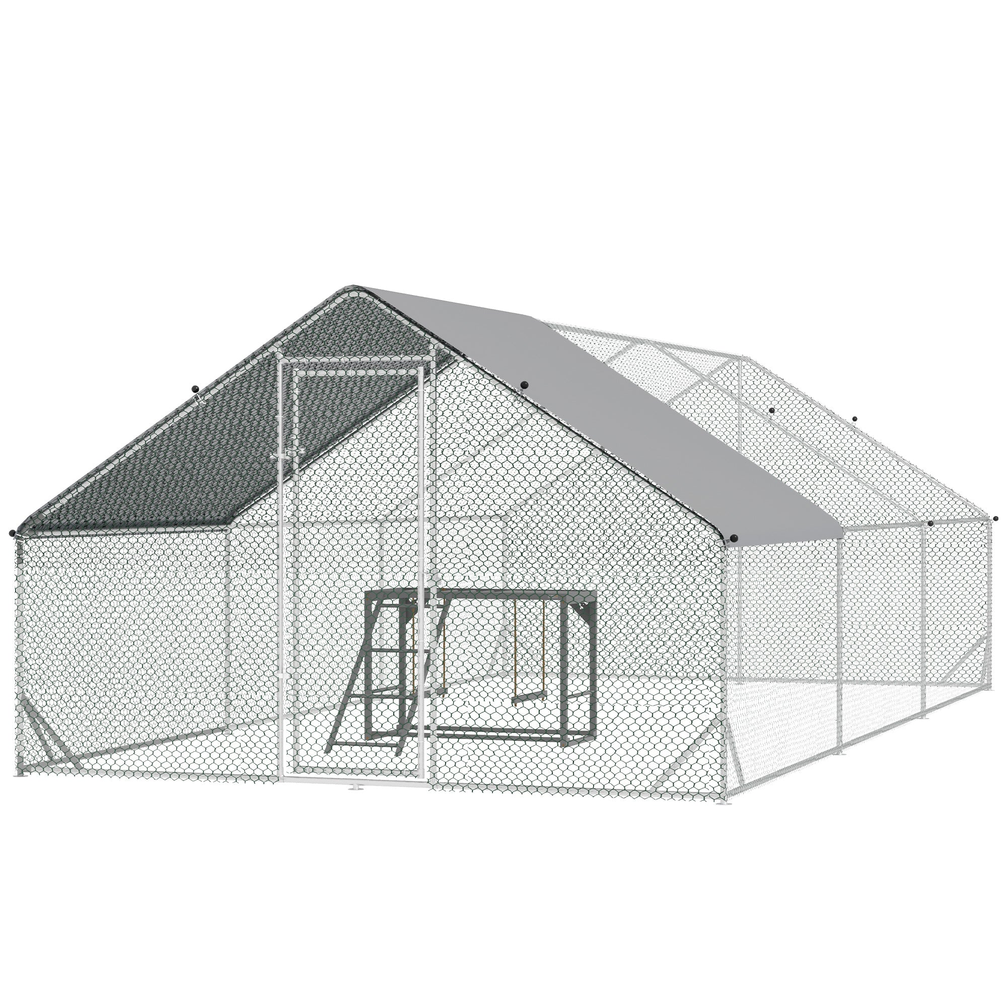 PawHut Walk-In Chicken Run, Galvanised Chicken Coop with UV-resistant and Water-Resistant Cover, Chicken Activity Shelf with 2 Swings, Poultry House for Outdoor, Farm, 3 x 6 x 2m