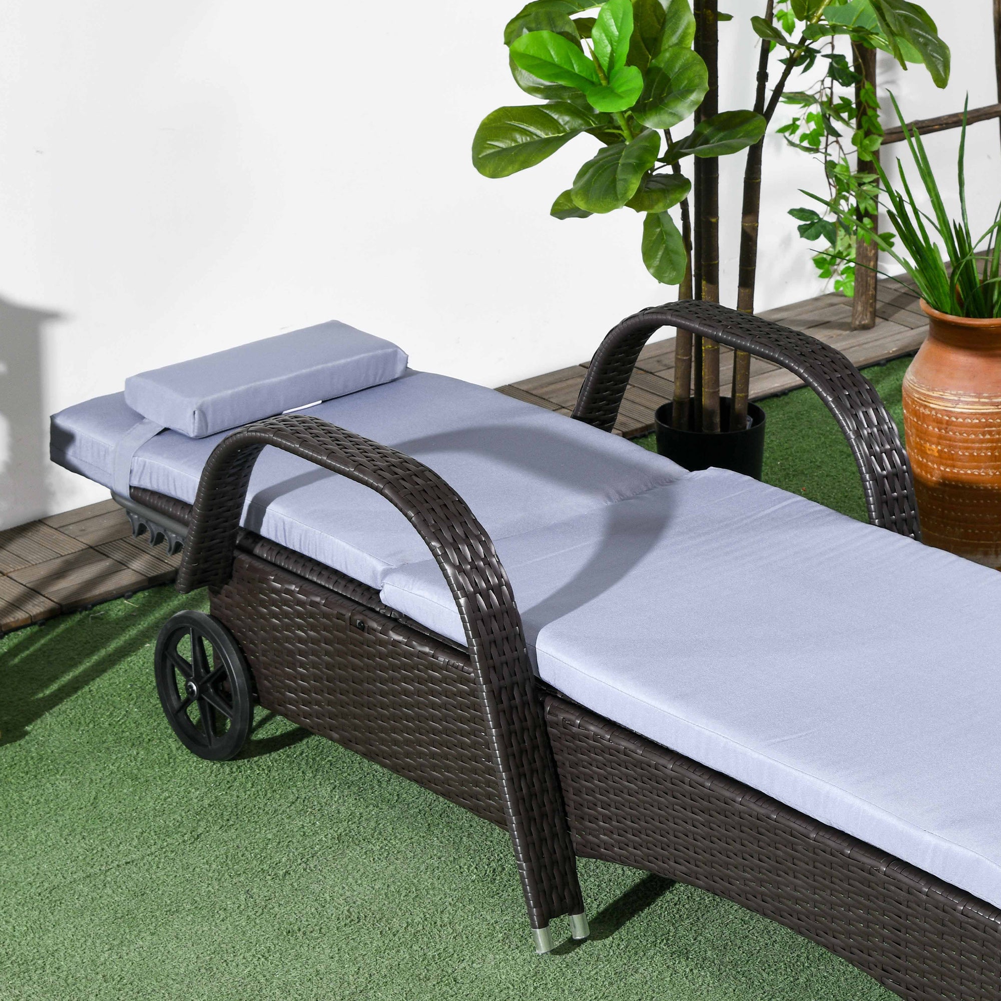 Outsunny Wicker Chaise Lounge, Outdoor Lounge Chair, PE Rattan Patio Sun lounger with Head-rest, 5-Level Height Adjust Backrest, Cushion, & Wheels, Deep Coffee and Silver Grey