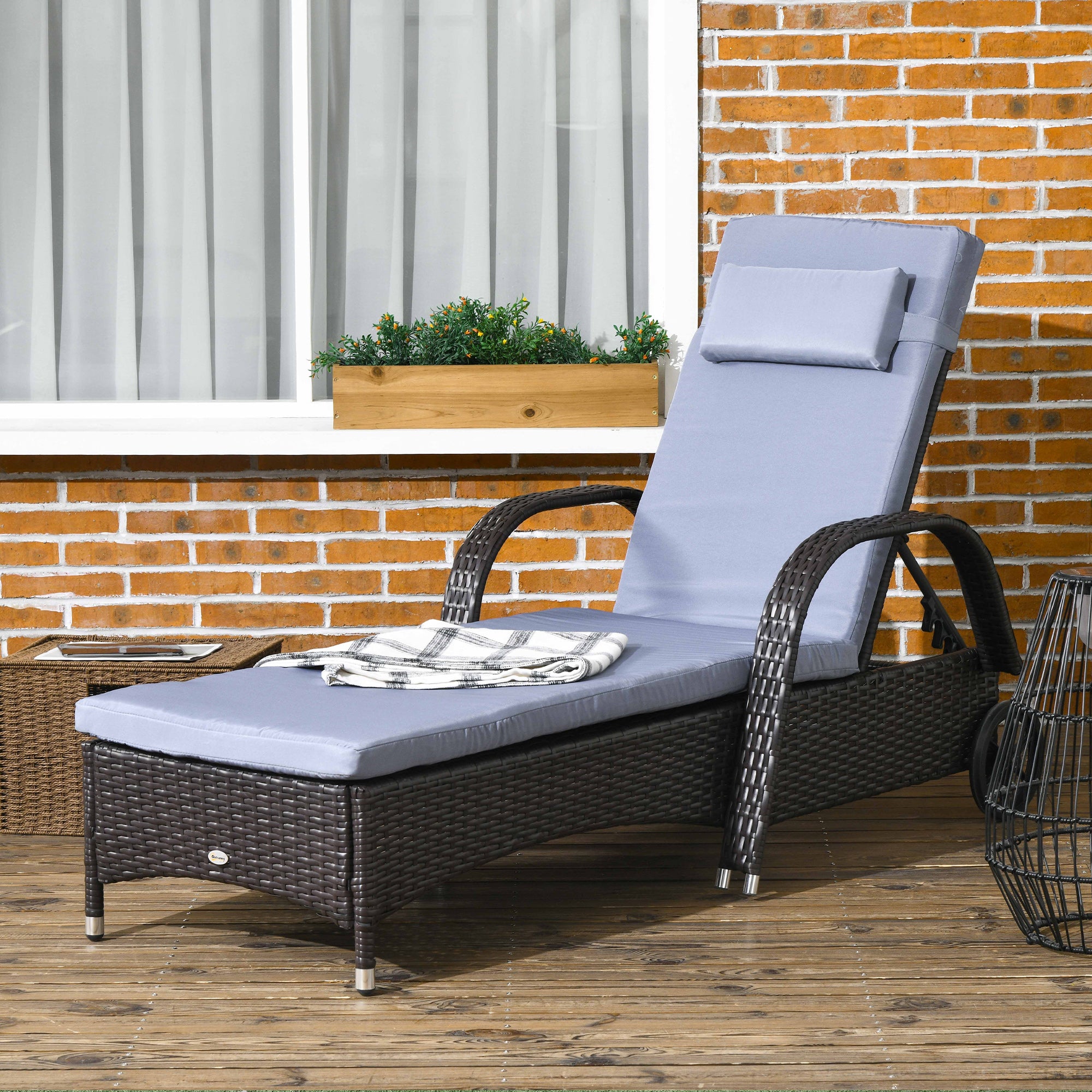 Outsunny Wicker Chaise Lounge, Outdoor Lounge Chair, PE Rattan Patio Sun lounger with Head-rest, 5-Level Height Adjust Backrest, Cushion, & Wheels, Deep Coffee and Silver Grey