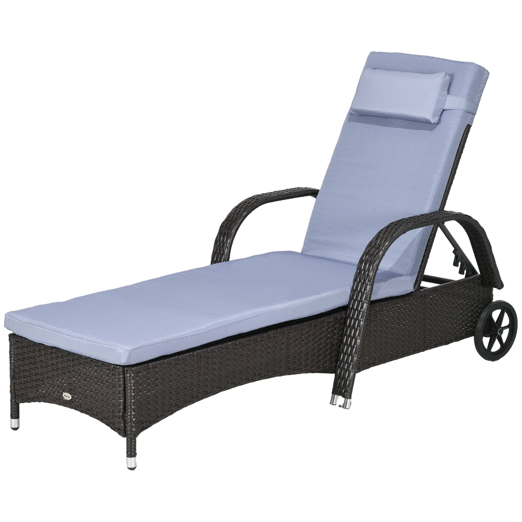Outsunny Wicker Chaise Lounge, Outdoor Lounge Chair, PE Rattan Patio Sun lounger with Head-rest, 5-Level Height Adjust Backrest, Cushion, & Wheels, Deep Coffee and Silver Grey