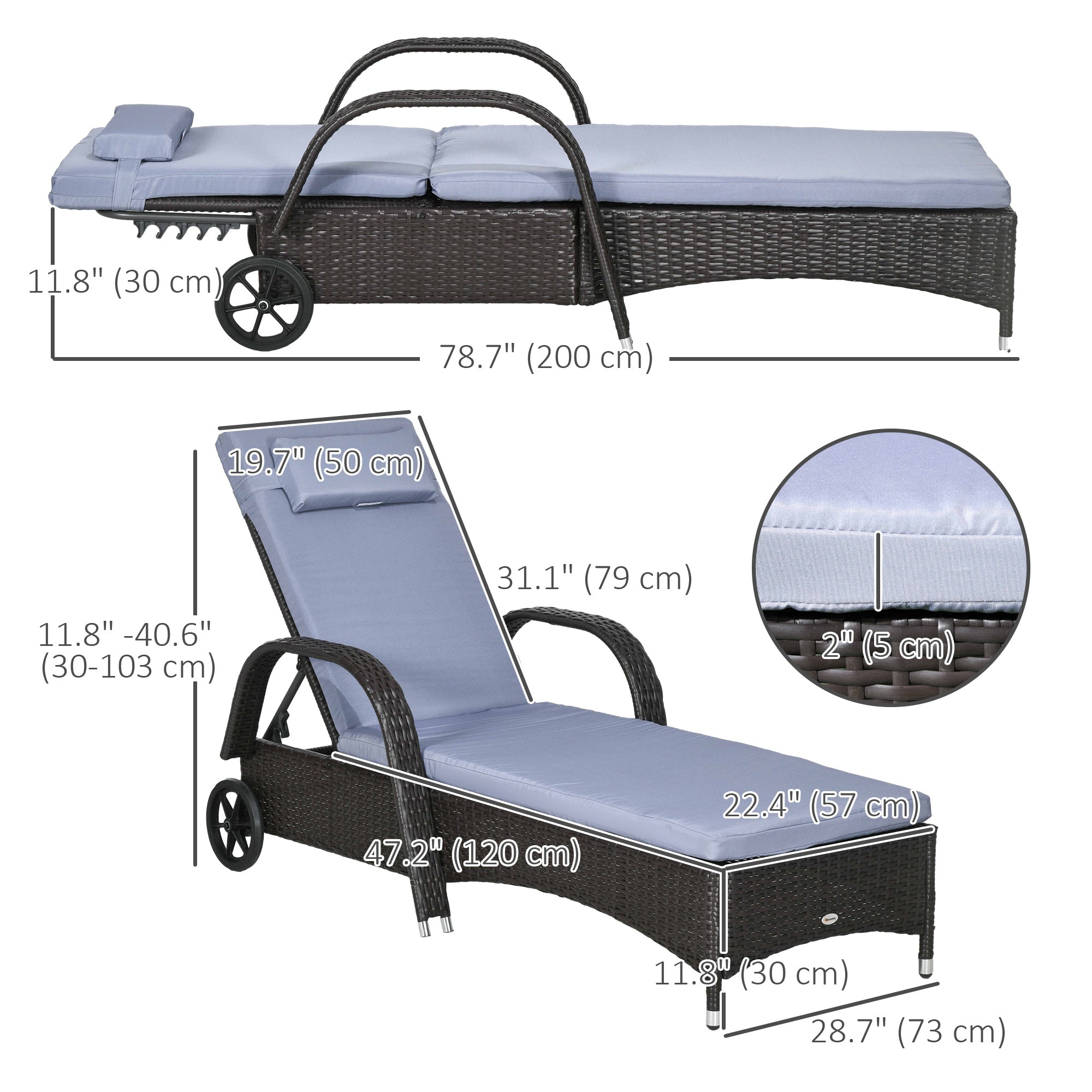 Outsunny Wicker Chaise Lounge, Outdoor Lounge Chair, PE Rattan Patio Sun lounger with Head-rest, 5-Level Height Adjust Backrest, Cushion, & Wheels, Deep Coffee and Silver Grey