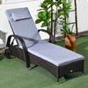 Outsunny Wicker Chaise Lounge, Outdoor Lounge Chair, PE Rattan Patio Sun lounger with Head-rest, 5-Level Height Adjust Backrest, Cushion, & Wheels, Deep Coffee and Silver Grey
